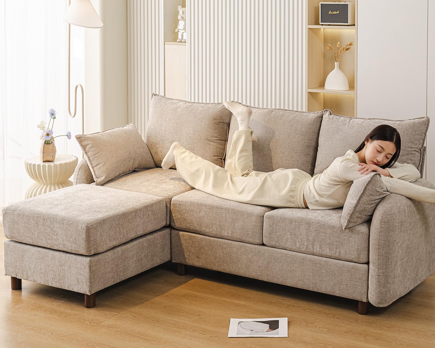 86 Sectional Couches L Shaped Couch with Movable Chaise Lounge Comfy 3 Seats Sofa with Thick Cushion Wood