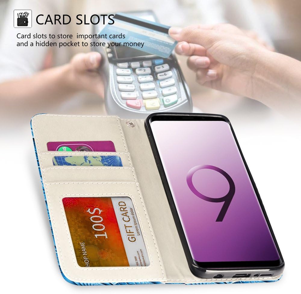 UrSpeedtekLive Galaxy S9 Wallet Case Folio Flip Premium PU Leather Case Cover w/Card Holder Slot Pockets, Wrist Strap, Magnetic Closure Compatible with Samsung Galaxy S9 (2018)- Feather