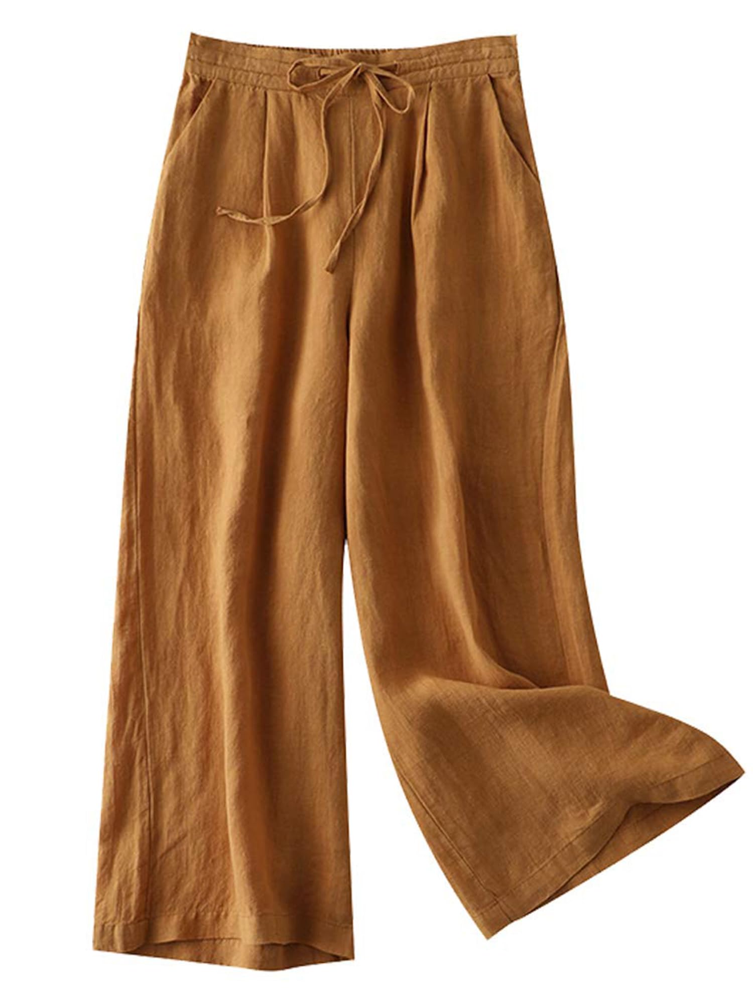 FTCayanz Donna Pantaloni Larghi Lino Vita Alta Pantaloni Gamba Larga Estivi con Coulisse