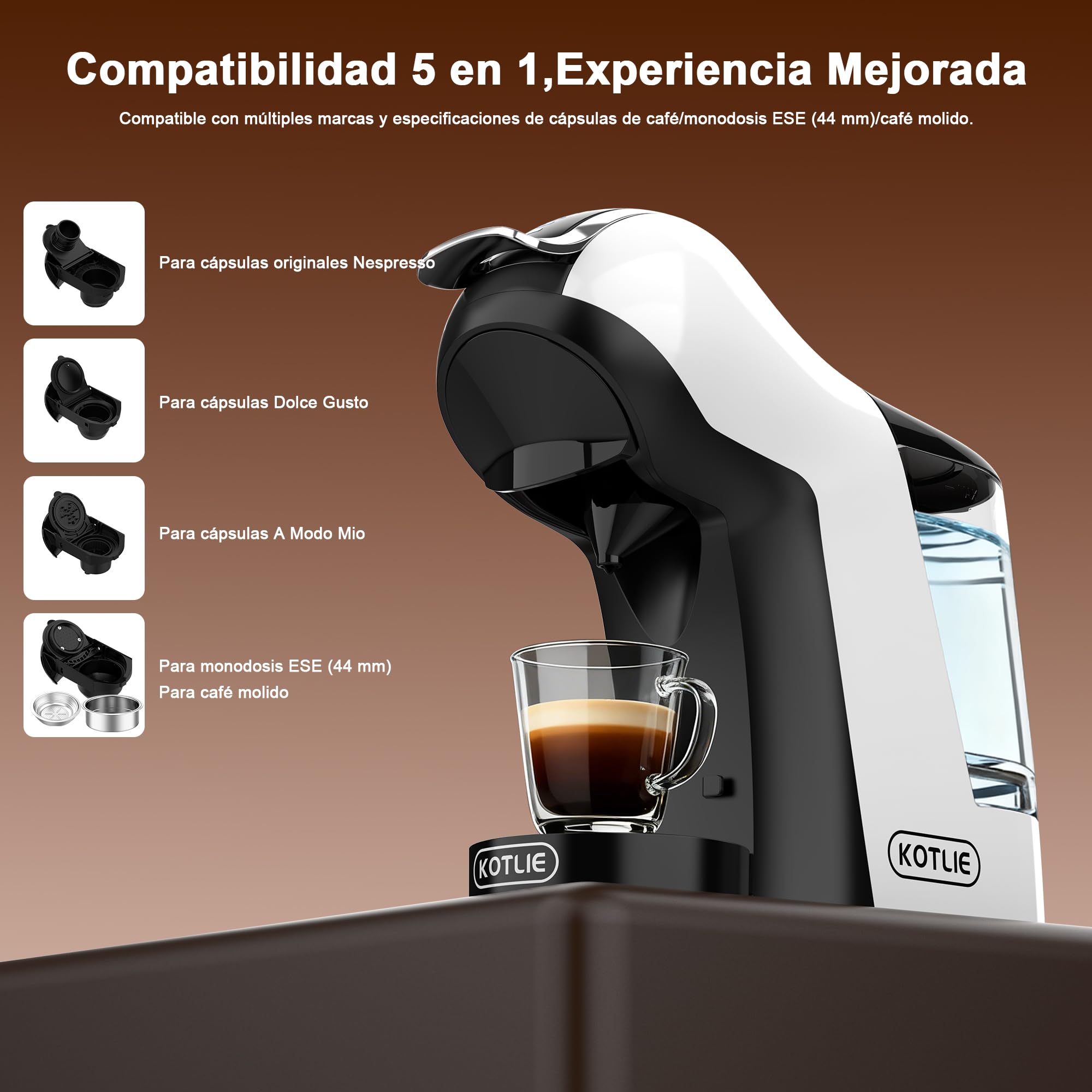 KOTLIE 5 en 1 máquina de café cápsulas 19 Bar, máquina multi-cápsula para Nespresso/Dolce Gusto/pastillas ESE (44mm)/polvo de café, depósito de agua 1L, 3 temperaturas/7 cantidades de agua