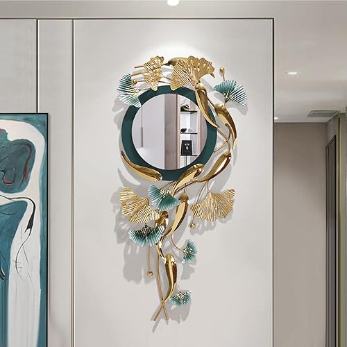 WJIEH Espejo de pared decorativo grande para sala de estar, 31.5 x 16 pulgadas, moderno espejo de pared con diseño de hoja de ginkgo y nueve peces, disponible en Yaxa Colombia
