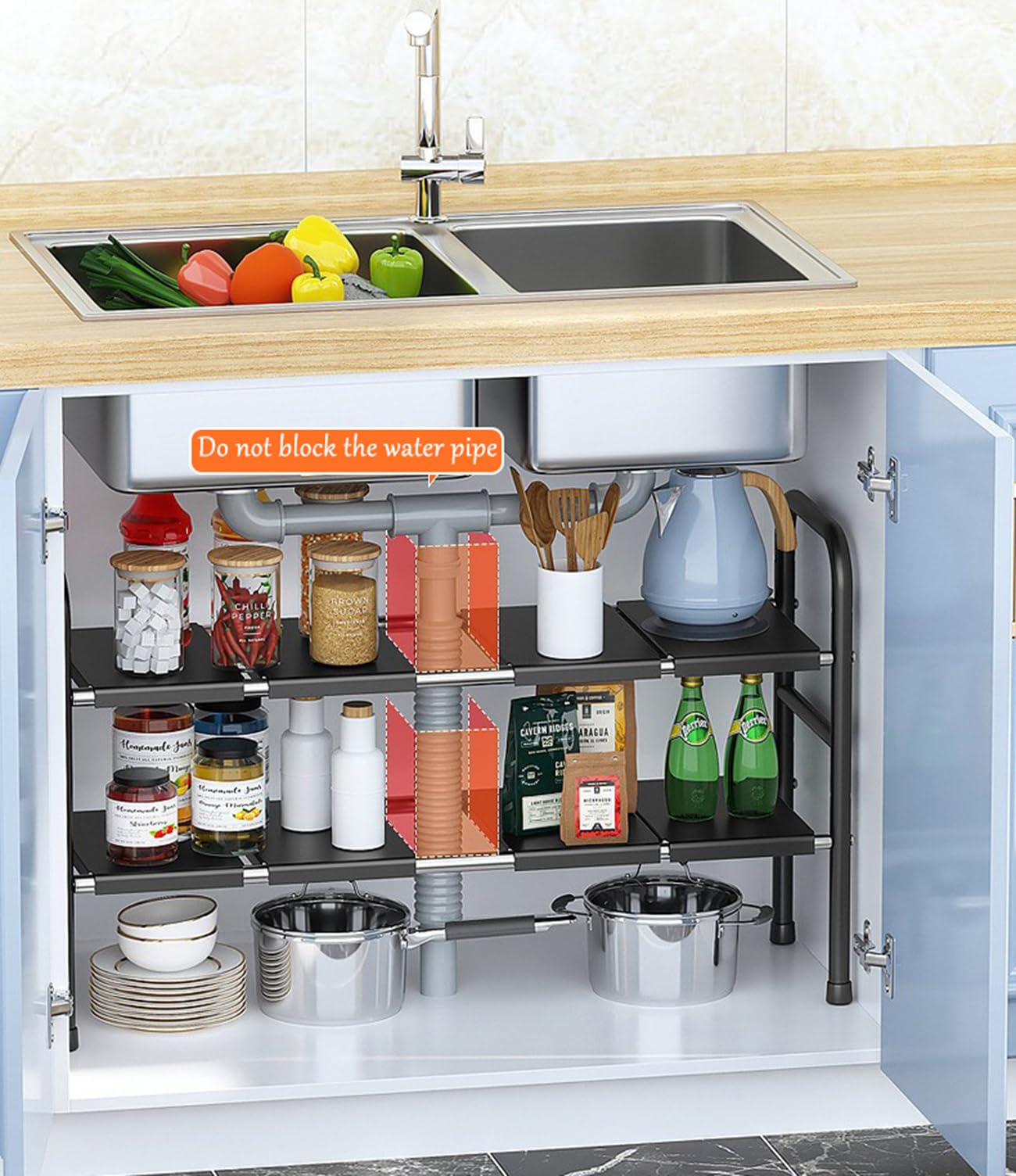 Organizador Cocina, Estante Organizador Bajo Fregadero,Estanterias Almacenaje Debajo Fregadero Cocina, Ajustable Y Retráctil, para Guardar Productos Limpieza,Negro,6 Boards
