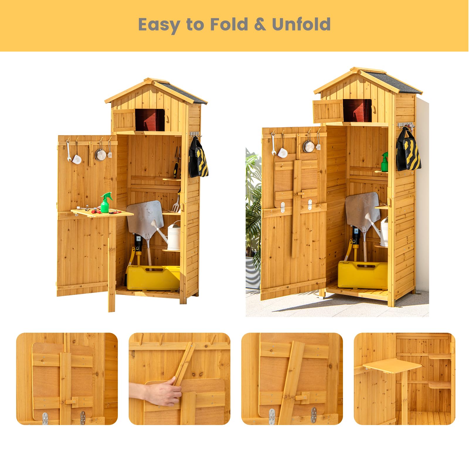 KOMFOTTEU Casetta da Giardino in legno, Capanno per Attrezzi Multifunzione, Armadietto da Giardino con Tetto a 2 Falde, Scaffale, Tavolo Pieghevole, 65 x 42 x 180,5 cm, Colore Naturale