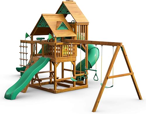Miniatura 7 de Gorilla Playsets 01-0031-AP Great Skye II Wood Swing Set with Wood Roof, 3 Slides, and Rock Wall, Brown