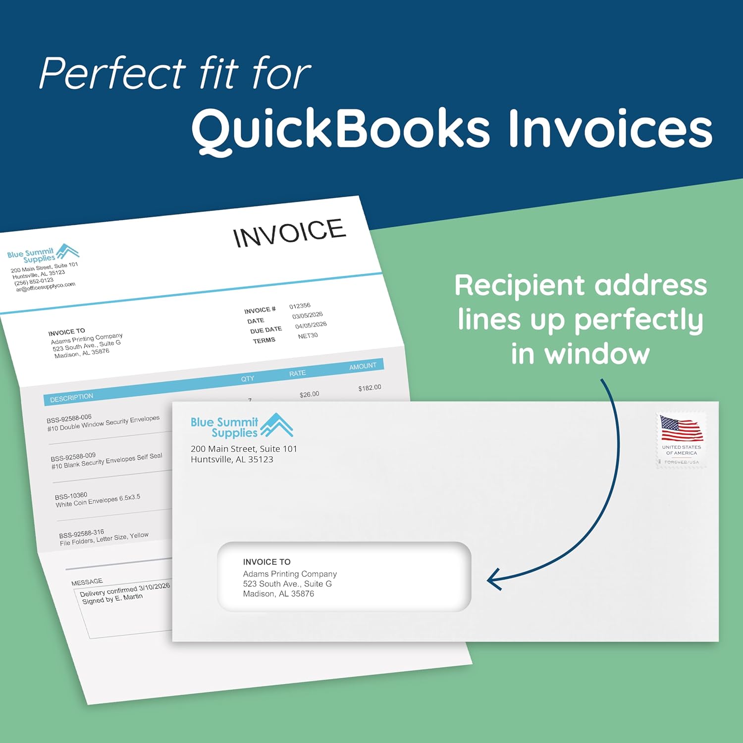 Blue Summit 500 Left Window Envelopes Self Seal #10 -QuickBooks Invoices, Checks and Letter Size Business Statements - Single Window Envelopes Self Seal #10 with Security Tint. 4 1/8 X 9 1/2, 500 Pack