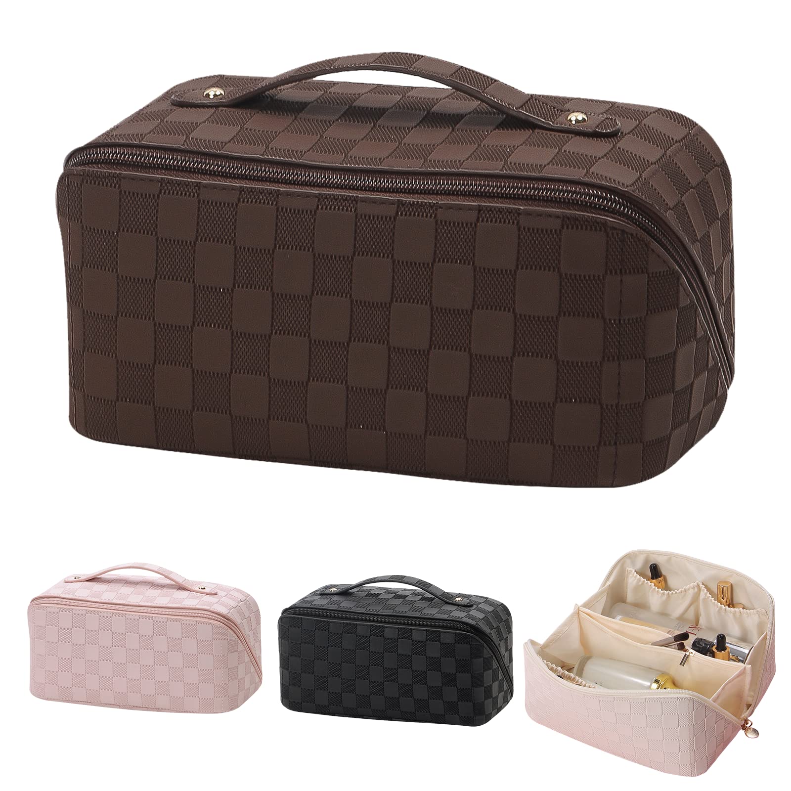 Travel Makeup Bag with Handle and Divider, Portable Large Capacity Travel Cosmetic Bag Waterproof Makeup Organizer Bag, Multifunctional PU Leather Makeup Bag Opens Flat Toiletry Bag for Women (Brown)