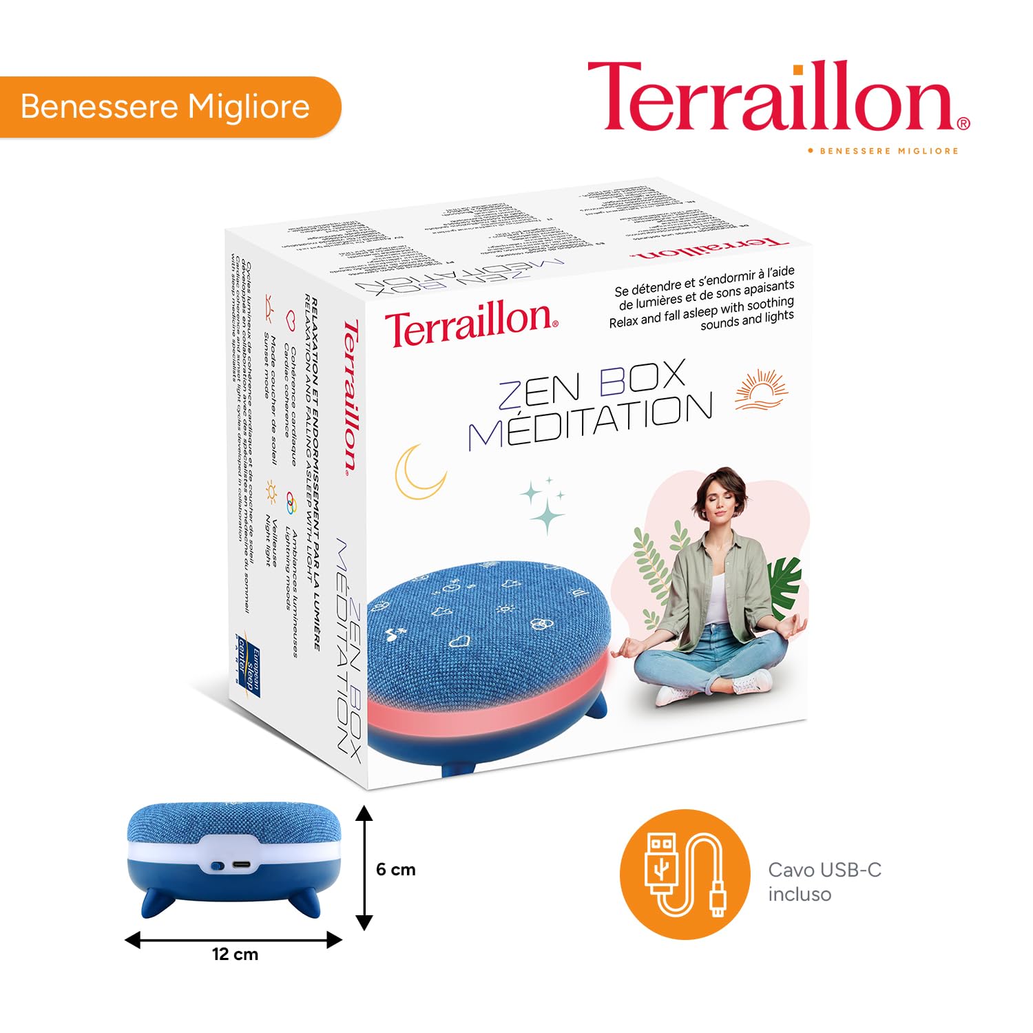 TERRAILLON - ZEN BOX MEDITAZIONE - Assistenza per dormire, Meditazione e Rilassamento, 12 programmi Meditaiton guidata, 12 suoni rilassanti, 2 programmi addormentati, Bluetooth, USB-C