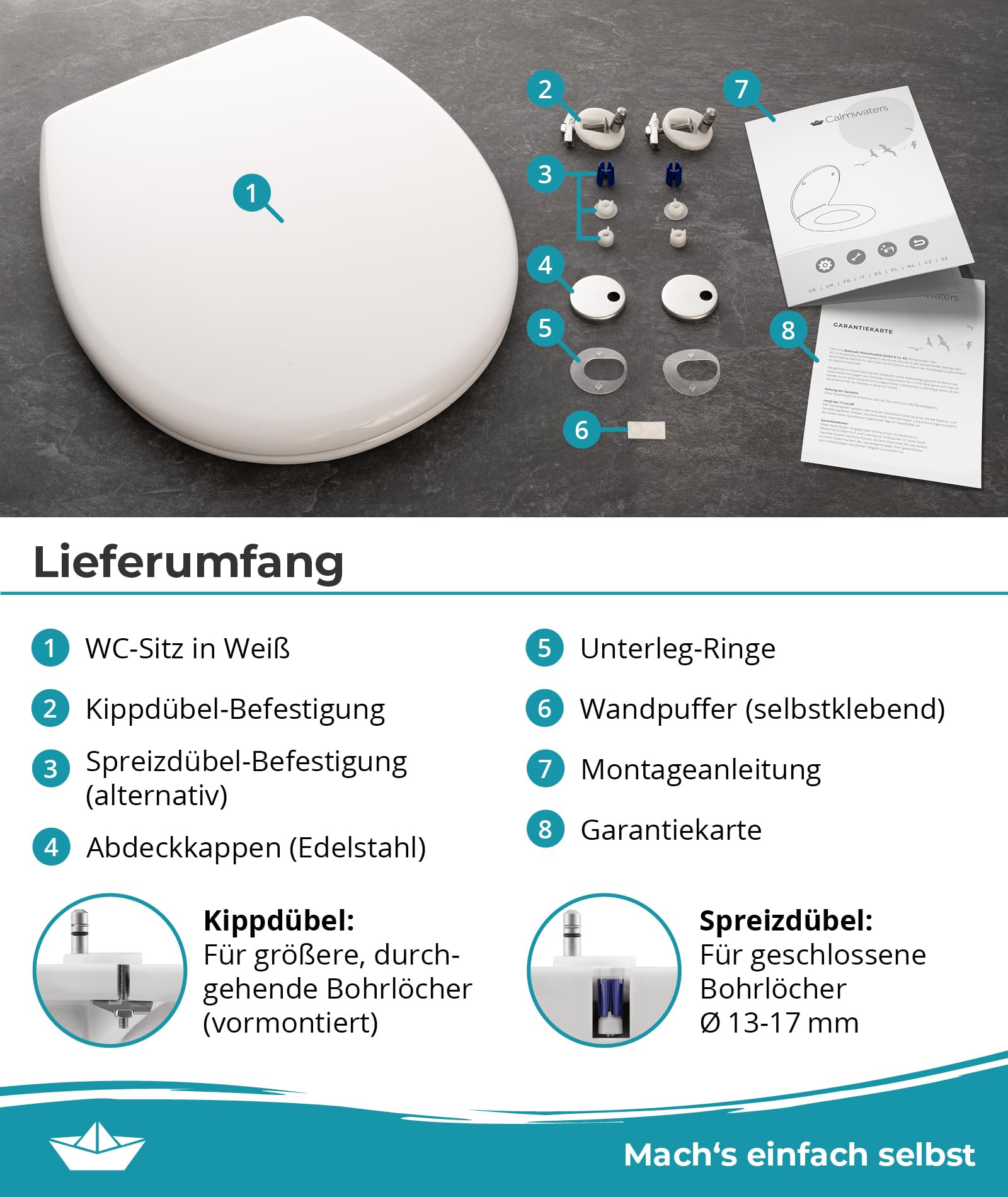 Calmwaters® Toilettendeckel mit Absenkautomatik, WC Sitz einfache Montage, bis 250 kg, Made in EU, aus antibakteriellem Duroplast, 2 Befestigungsarten, abnehmbar, Klobrille oval, Klodeckel Weiß