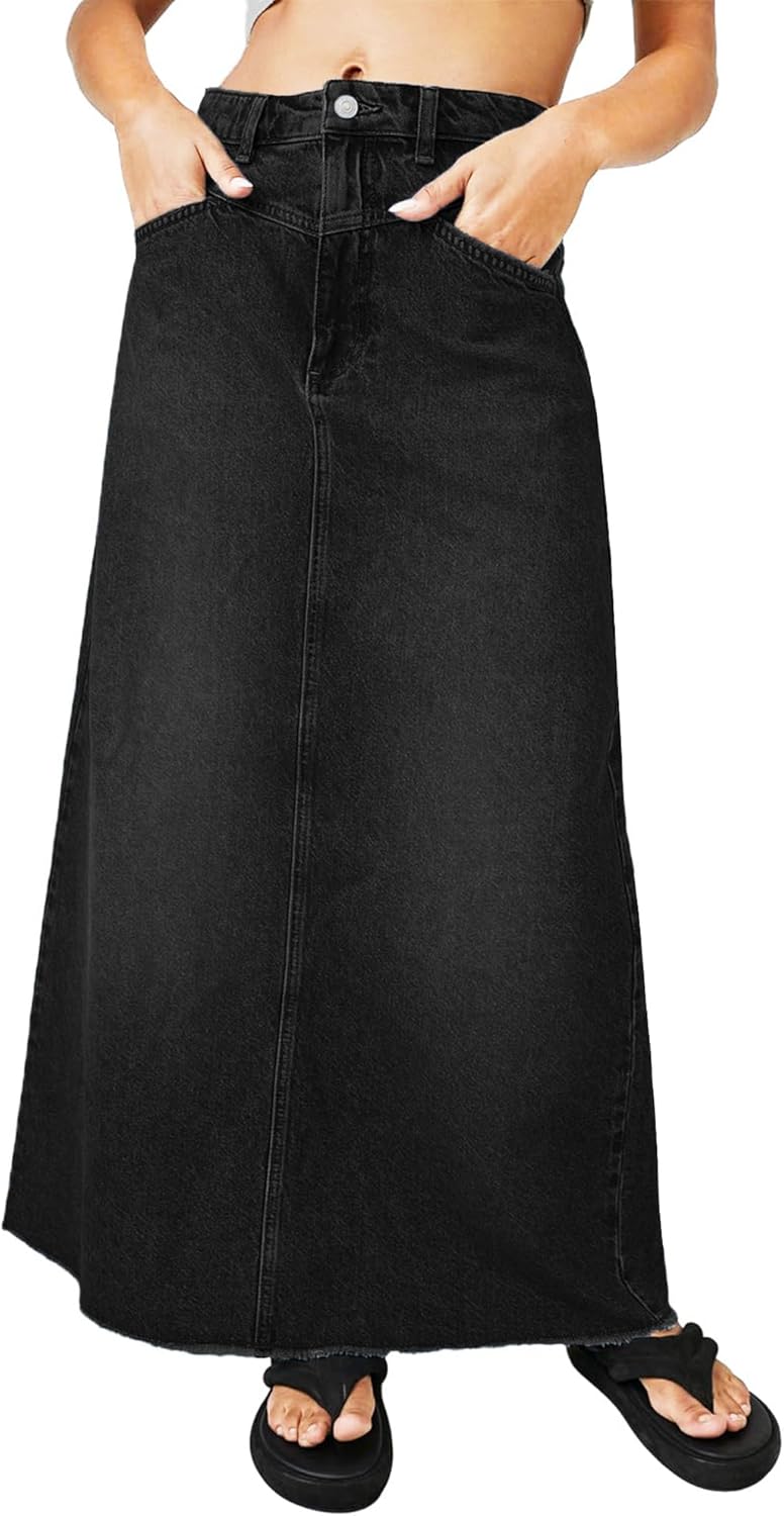 Women's Maxi Jean Skirt High Waisted A-Line Long Denim Stretch Skirts with Frayed Raw Hem for Ladies - Image 2