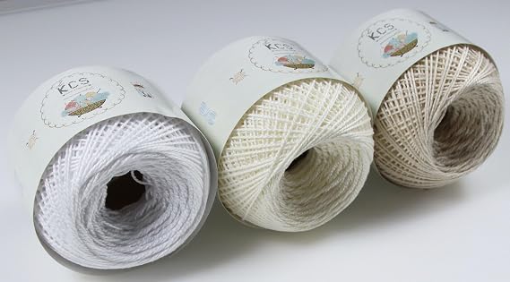 KCS 3 Balls of 50 gram Mercerized Pearl Cotton Crochet Needlework Embroidery Yarn (Snow White+Winter White+Cream, Size 5)