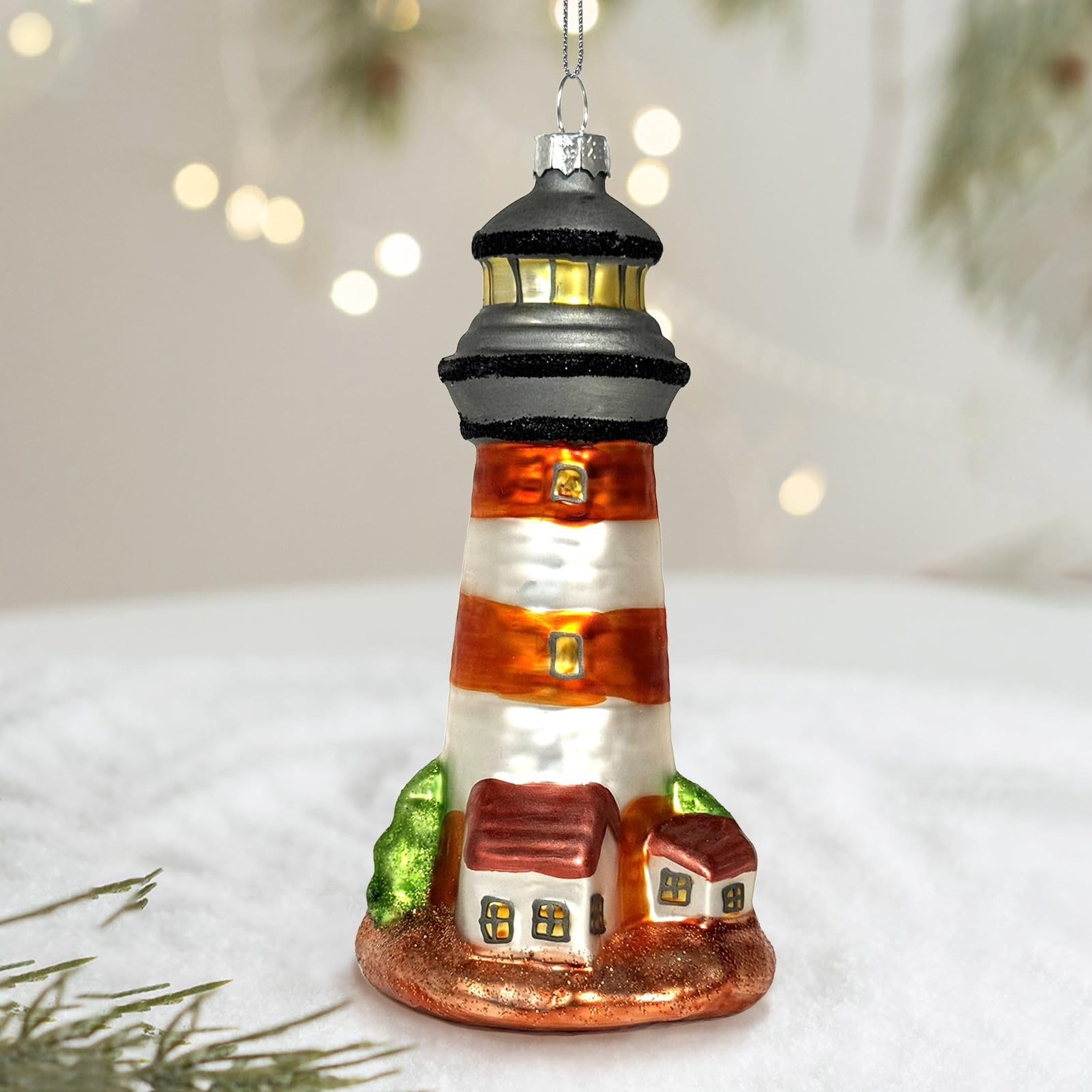 Fassory Lighthouse Glass Christmas Ornament, Handmade Blown Glass Christmas Decorations, Christmas Tree Decor (Lighthouse)