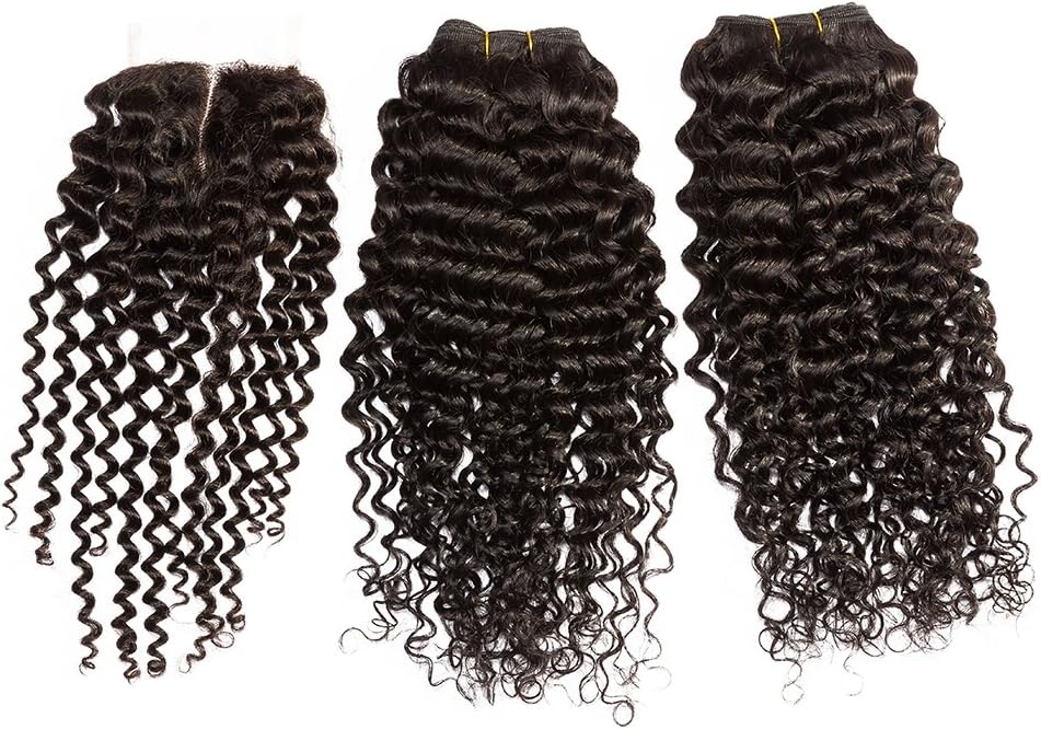 1688 Hair 100% Human Hair Weft Extension Brazilian Virgin Hair Natural Black 2 Bundles/lot with 1 Pc Curly Full Lace Top Closure 10 Inch Bleached Knots Middle Parting Way (4x4") (12"+14")