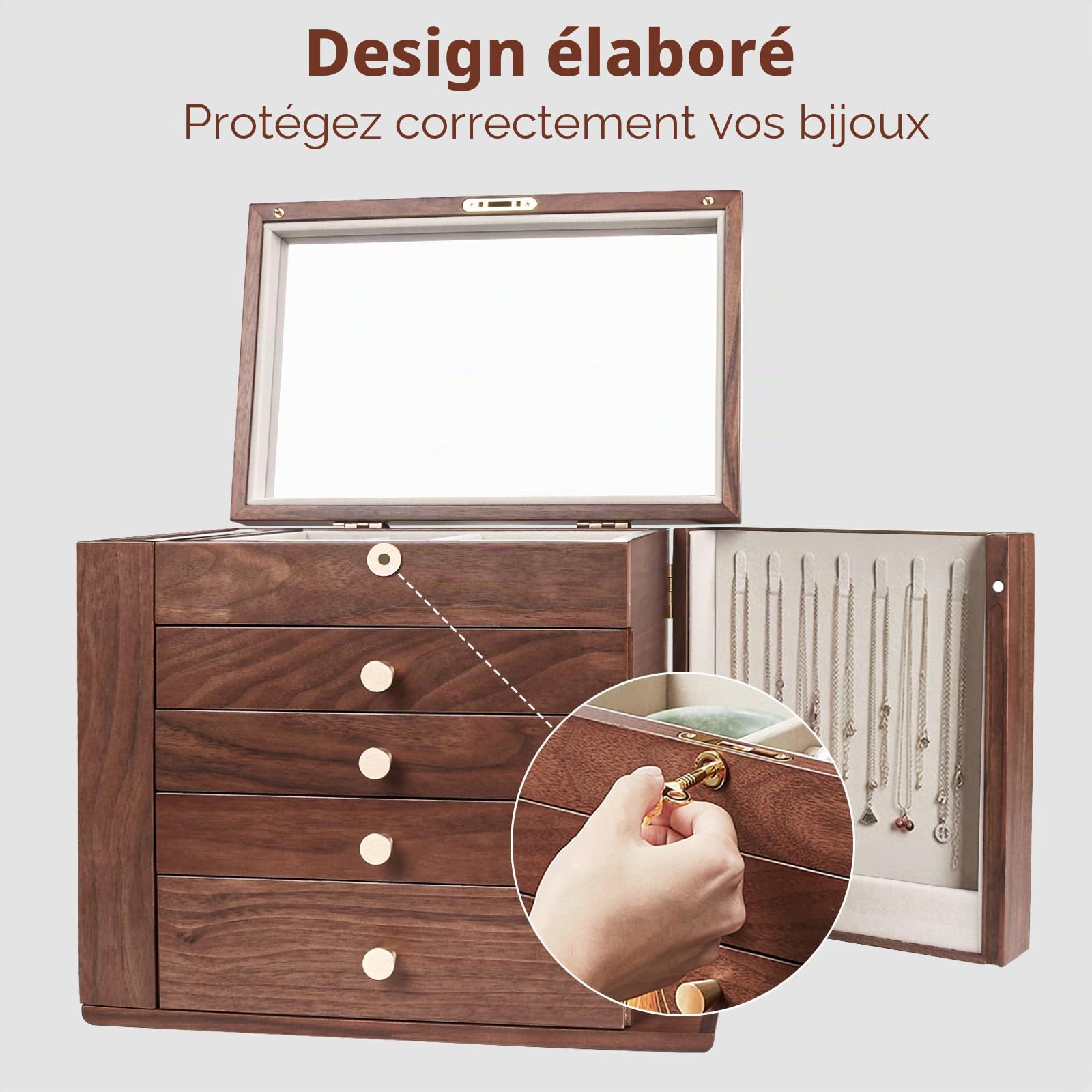 Grande boîte à bijoux en bois pour femme, boîte à bijoux vintage en bois massif, 4 tiroirs avec miroir et serrure, 5 niveaux de rangement pour bijoux, boucles d'oreilles