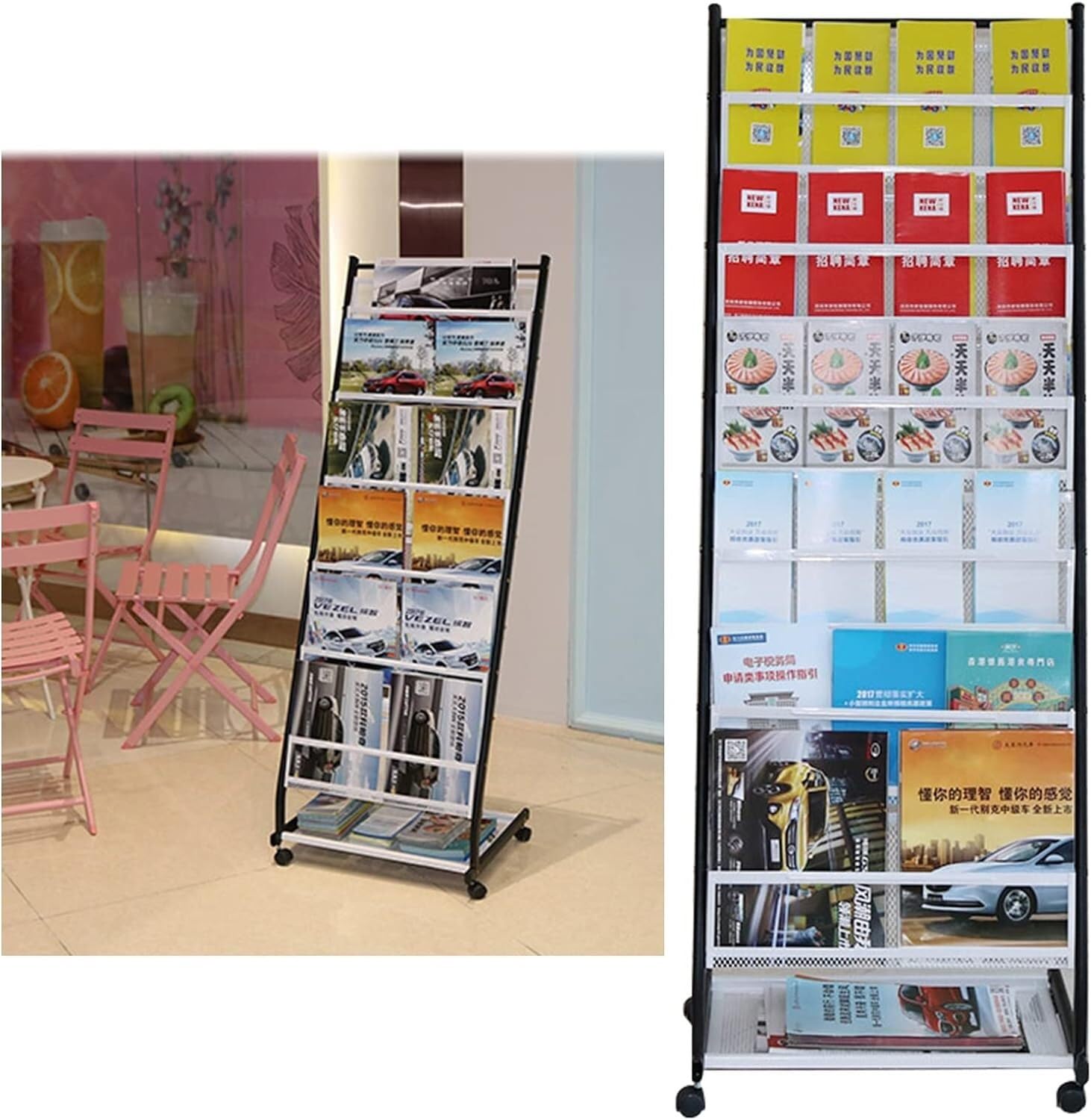 Organizador de revistas para salón con ruedas móviles JvFbjLF de metal