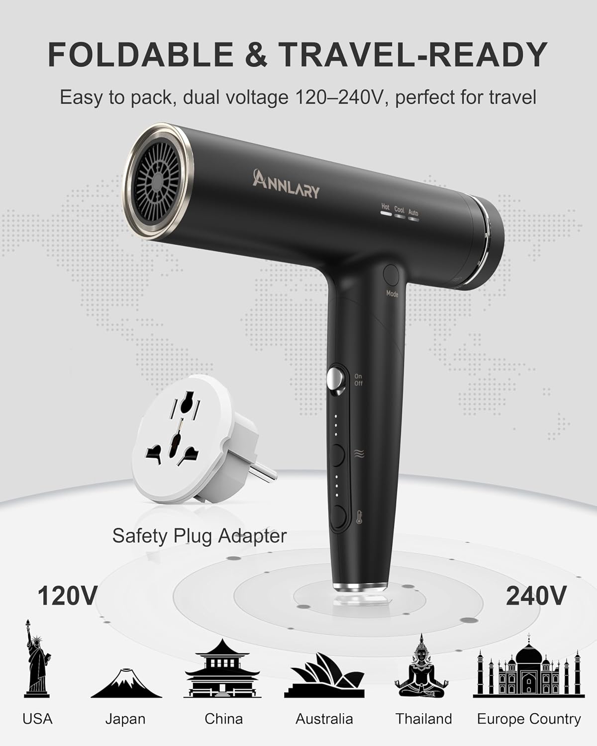 ANNLARY Dual Voltage Hair Dryer, Blow Dryer with Diffuser for Curly Hair | Plasma Ionic Hairdryer for Frizz Control | Foldable for Travel | 6.5Ft ALCI Cord | 110V-120V/220V-240V European Use image 2