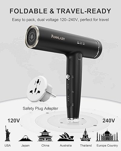 Miniatura 2 de Secador de pelo de doble voltaje con difusor para cabello rizado, secador de pelo de iones de plasma de 1500 W para secado rápido, secador de pelo