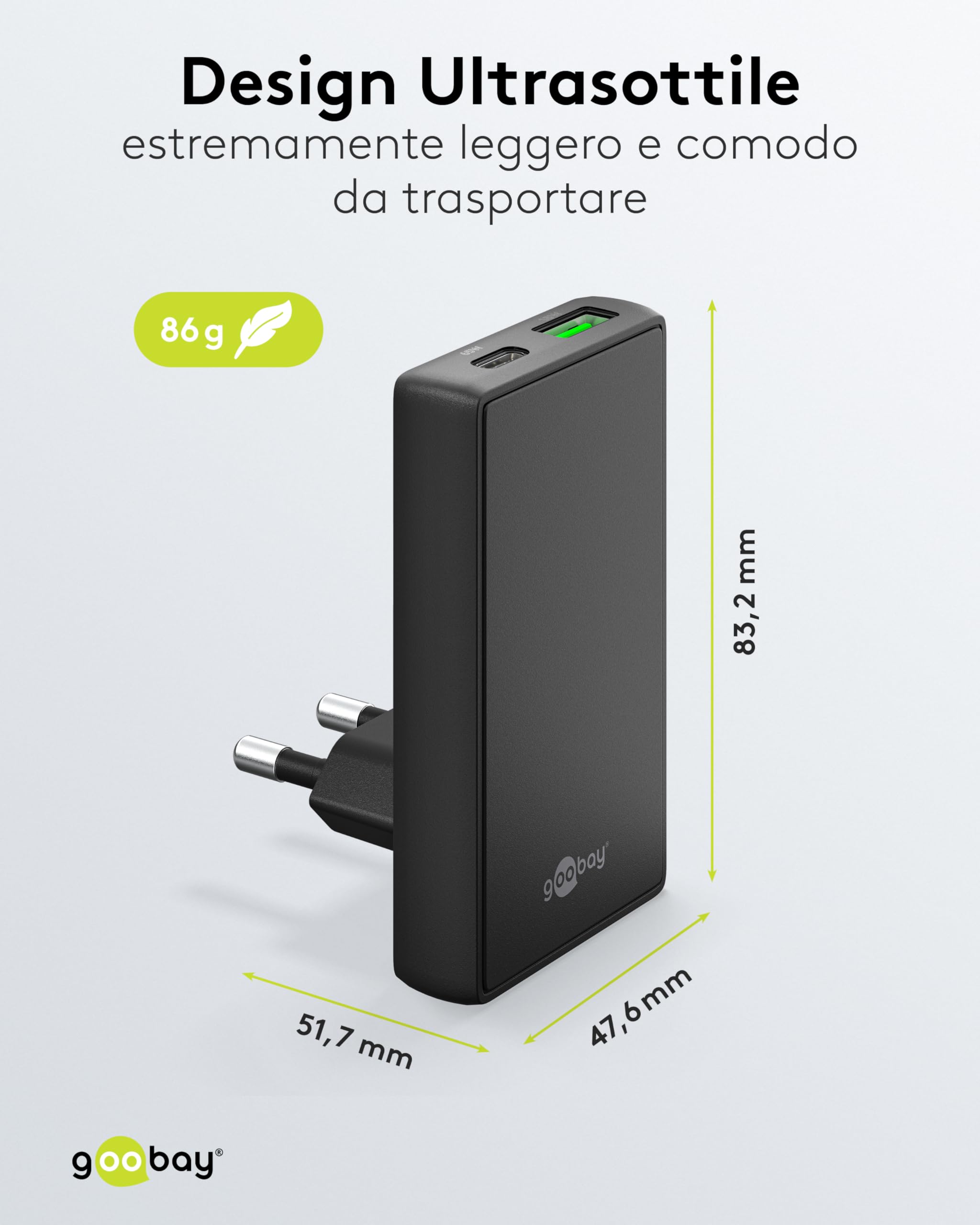 goobay GaN Caricabatteria da 65 W, con doppia porta (USB-C e USB-A), design piatto a 90°, ultra sottile e salvaspazio, per Apple, Samsung, Huawei, tablet ecc., nero,75723