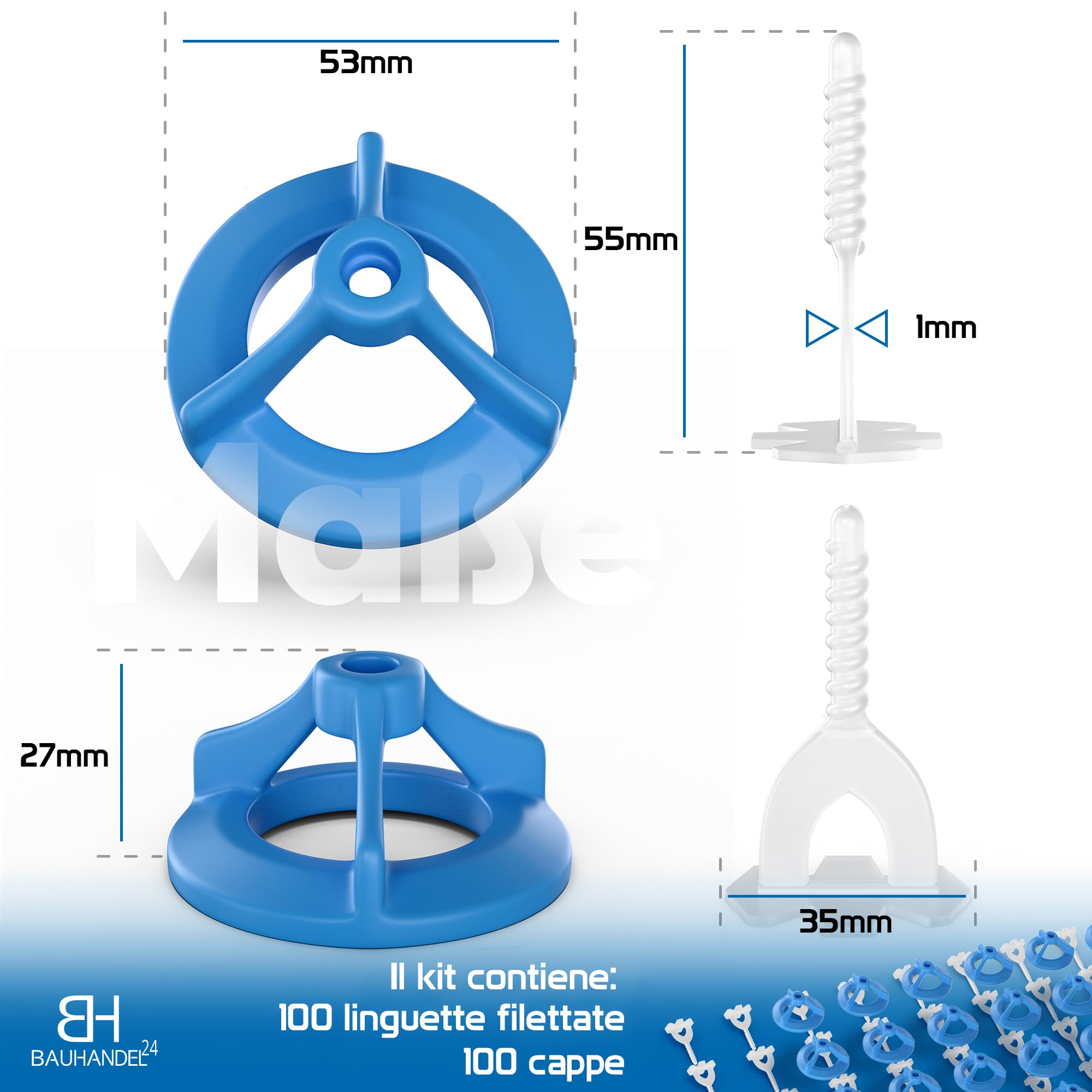 Bauhandel24 set accessori posa piastrelle 1 mm sistema livellamento 200 pezzi copertura filettata livellatori per piastrelle distanziatori per piastrelle cunei per piastrelle attrezzi muratore