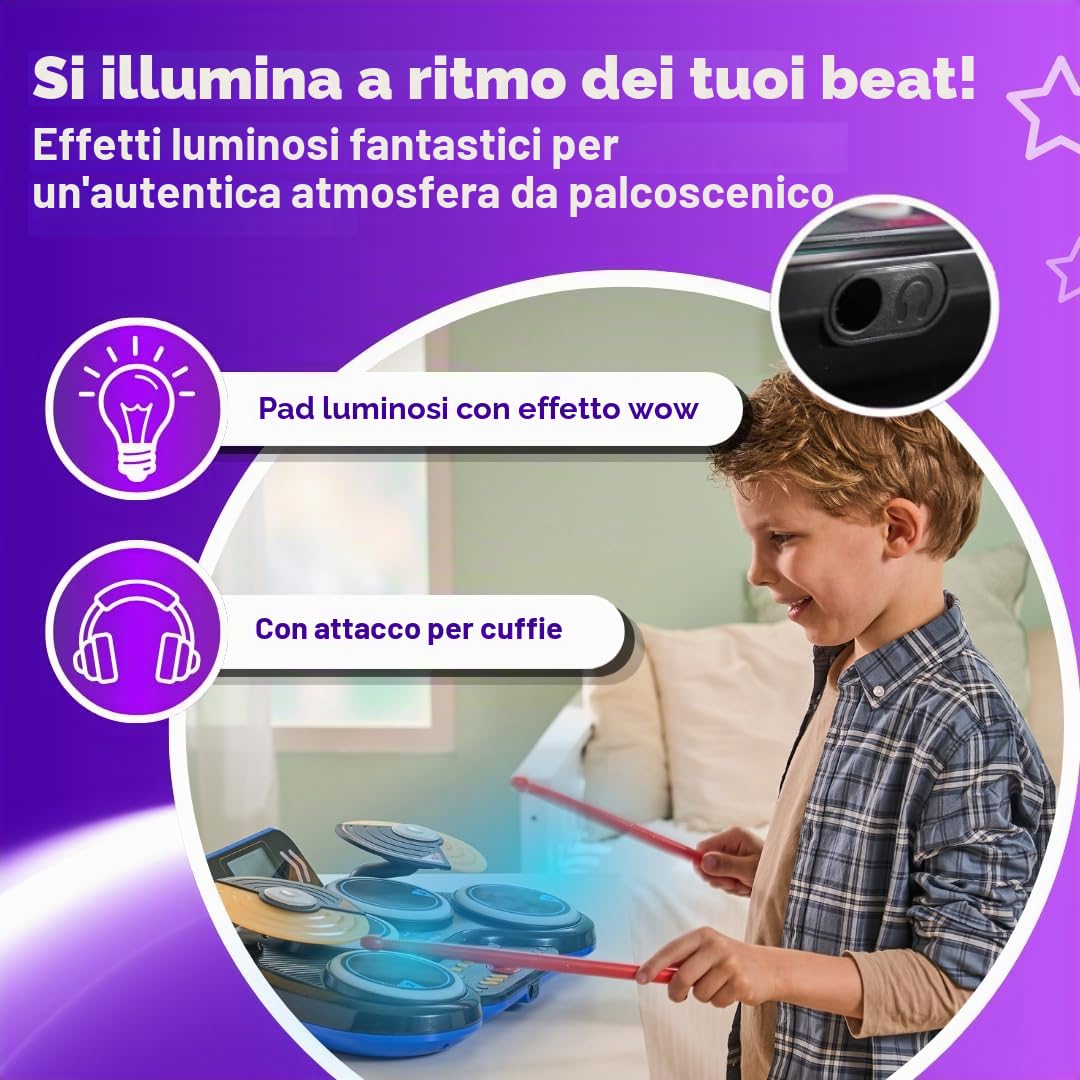 VTech Kidi DJ Drums - Batteria elettronica con effetti luminosi e modalità di apprendimento - per bambini dai 6 ai 12 anni - versione tedesca