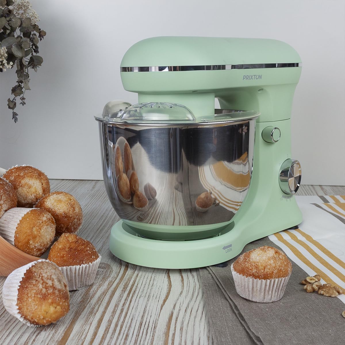 PRIXTON Batidora Amasadora KR250 para Repostería, Potencia 1500W, 10 Velocidades, Bol Acero Inoxidable de 5 litros, 3 accesorios, Tapa Transparente, Color Verde Mint Mate (Reacondicionado)