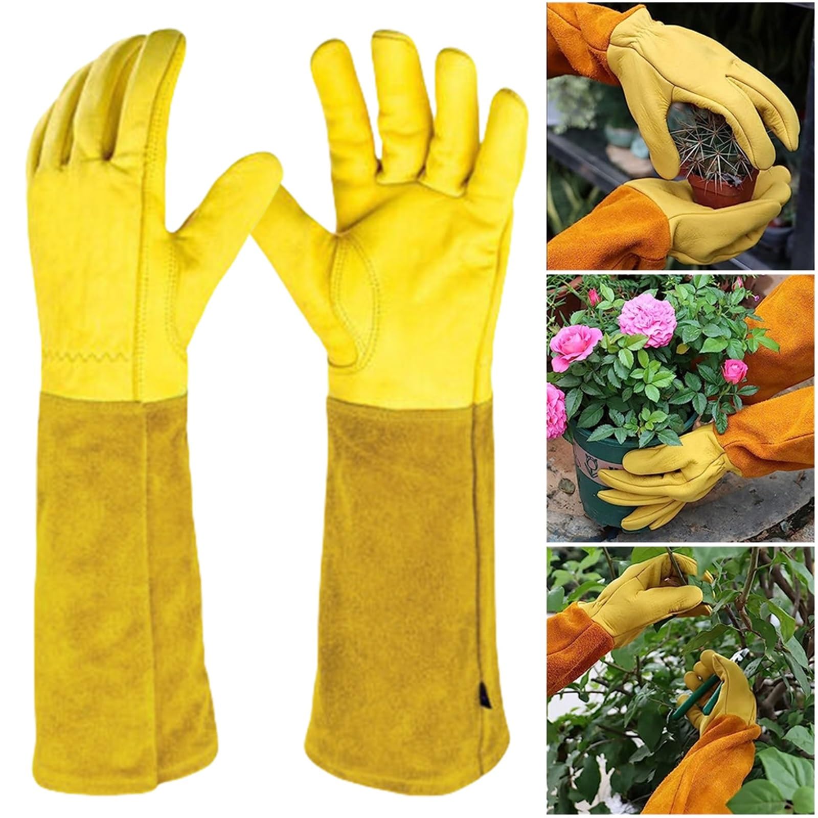 Gartenhandschuhe 1 Paar lange, dornensichere Gartenhandschuhe, atmungsaktives Leder, Arbeitshandschuhe mit Unterarmschutz, Garten, for Damen und Herren(L)