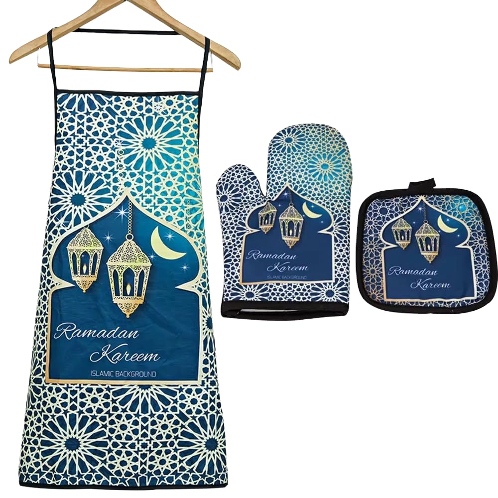Ramadan Kareem Apron, Oven Gloves Set, Ramadan and Eid Gift, Hamper Gift, Decorations, Adult Size.