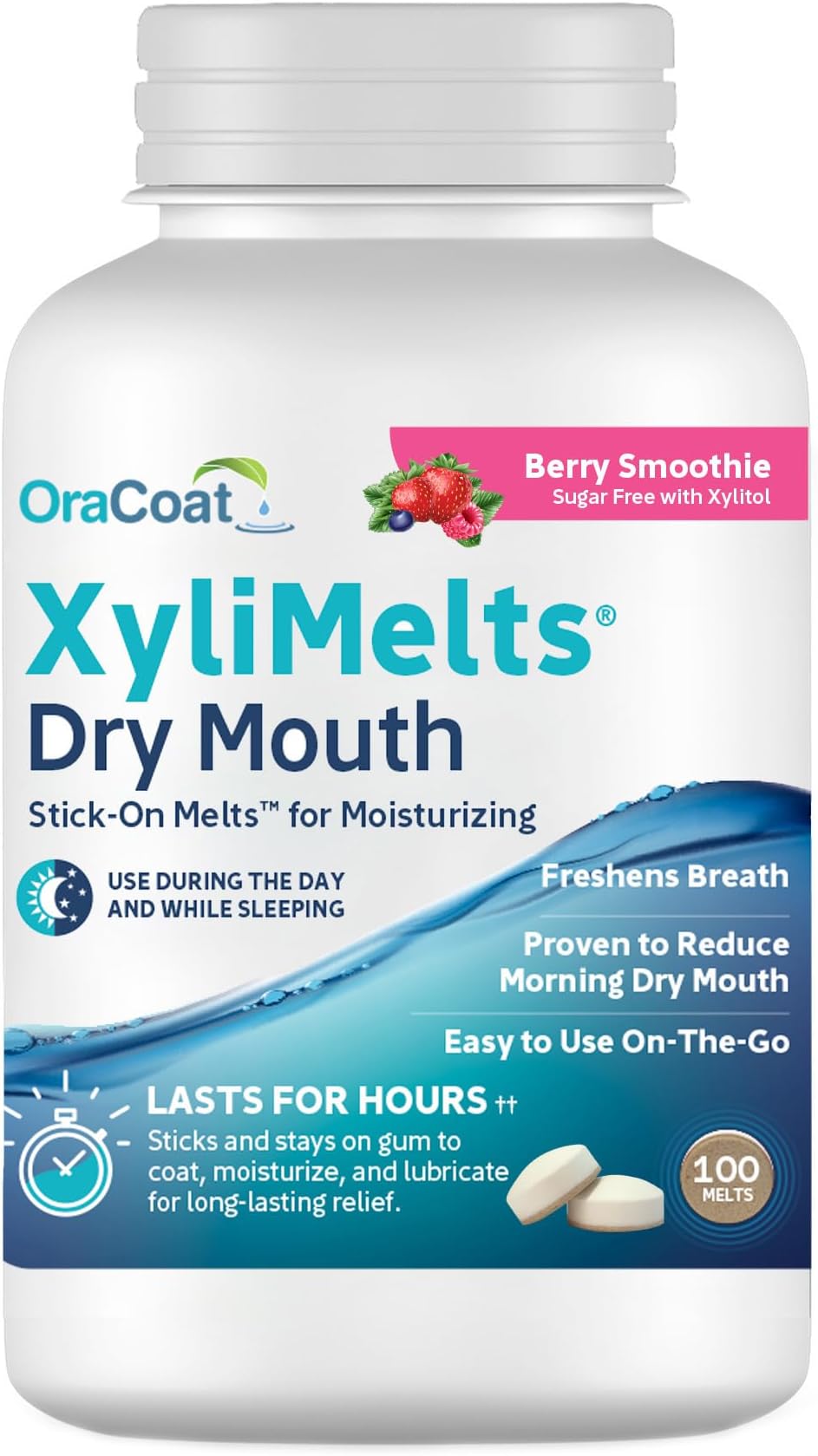 OraCoat XyliMelts Dry Mouth Relief Moisturizing Stick-On-Melts with Xylitol, 100 Count, Berry Smoothie, Helps Stimulate Saliva for Dry Mouth, Non-Acidic, Day & Night Use, Time Release for Up to 8-Hour