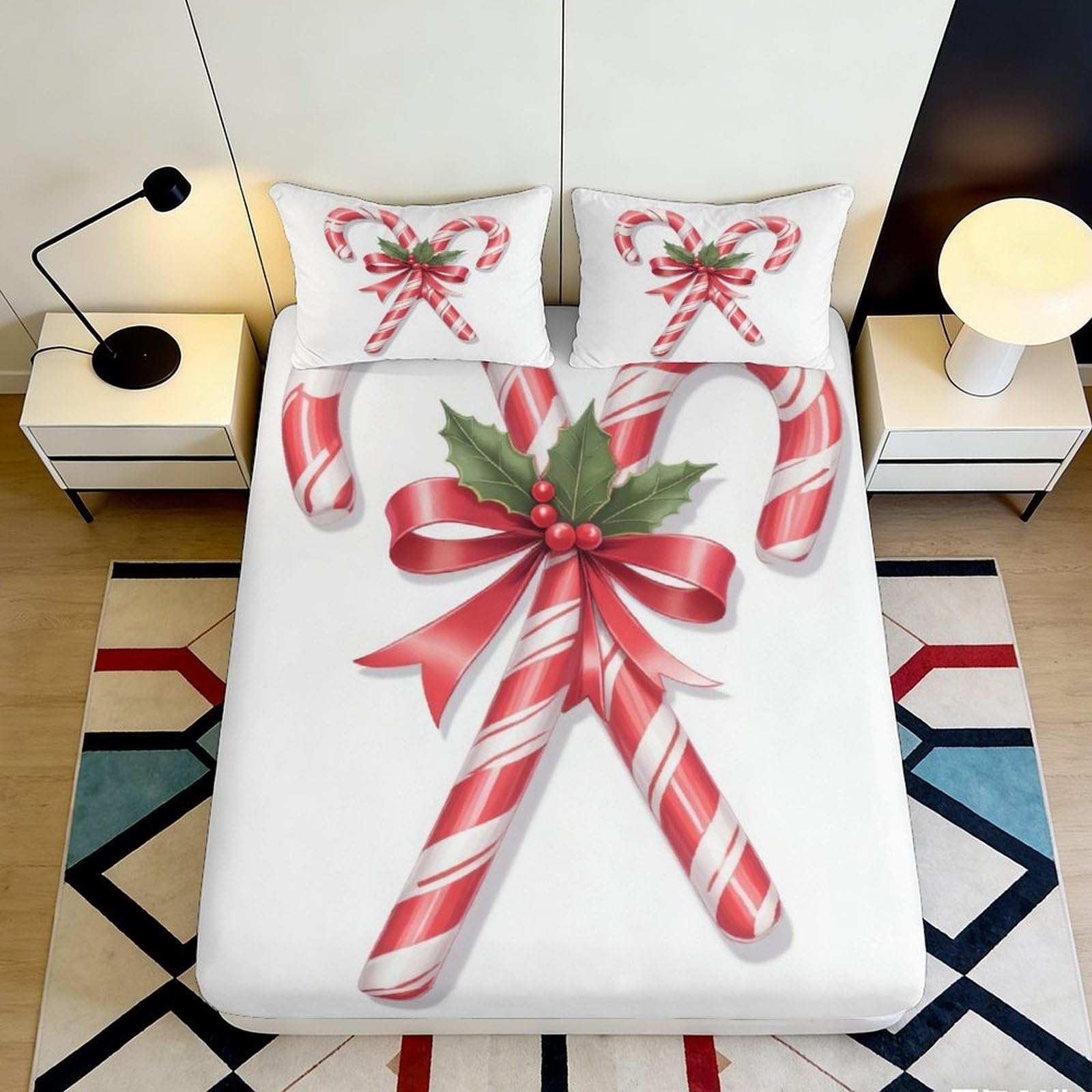 Pnayamiorkfel Style-10 3D Printed Candy Cane Christmas Fitted Sheet Microfiber Red White Holiday Holly Bed Cover For Bedroom Guest Room 90X200x25cm