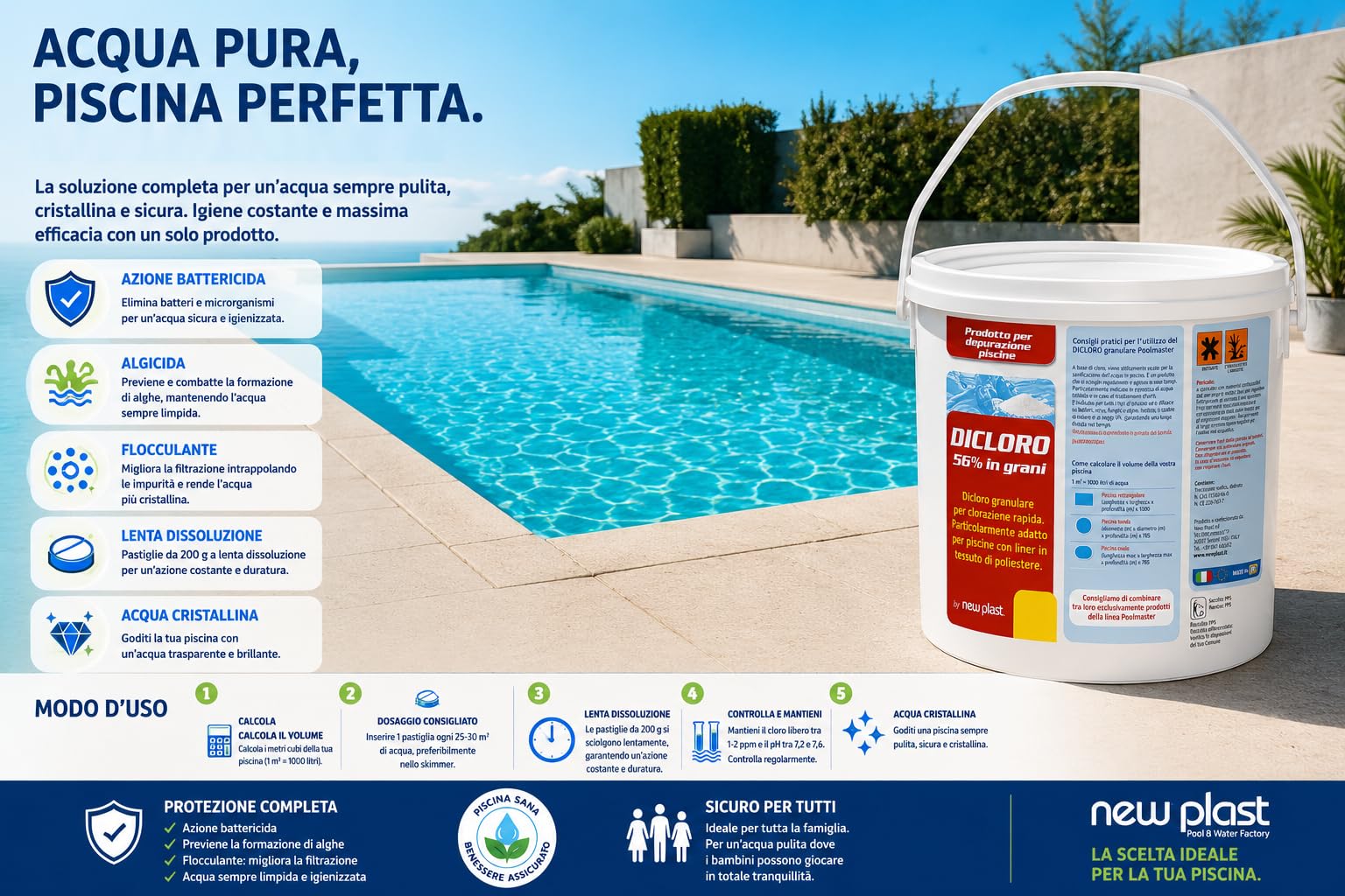 Dicloro in Grani 56% New Plast, Cloro Piscina ad Azione Rapida, Disinfettante, Schiarente e Antialghe per Piscine Interrate e Fuori Terra, 10 kg