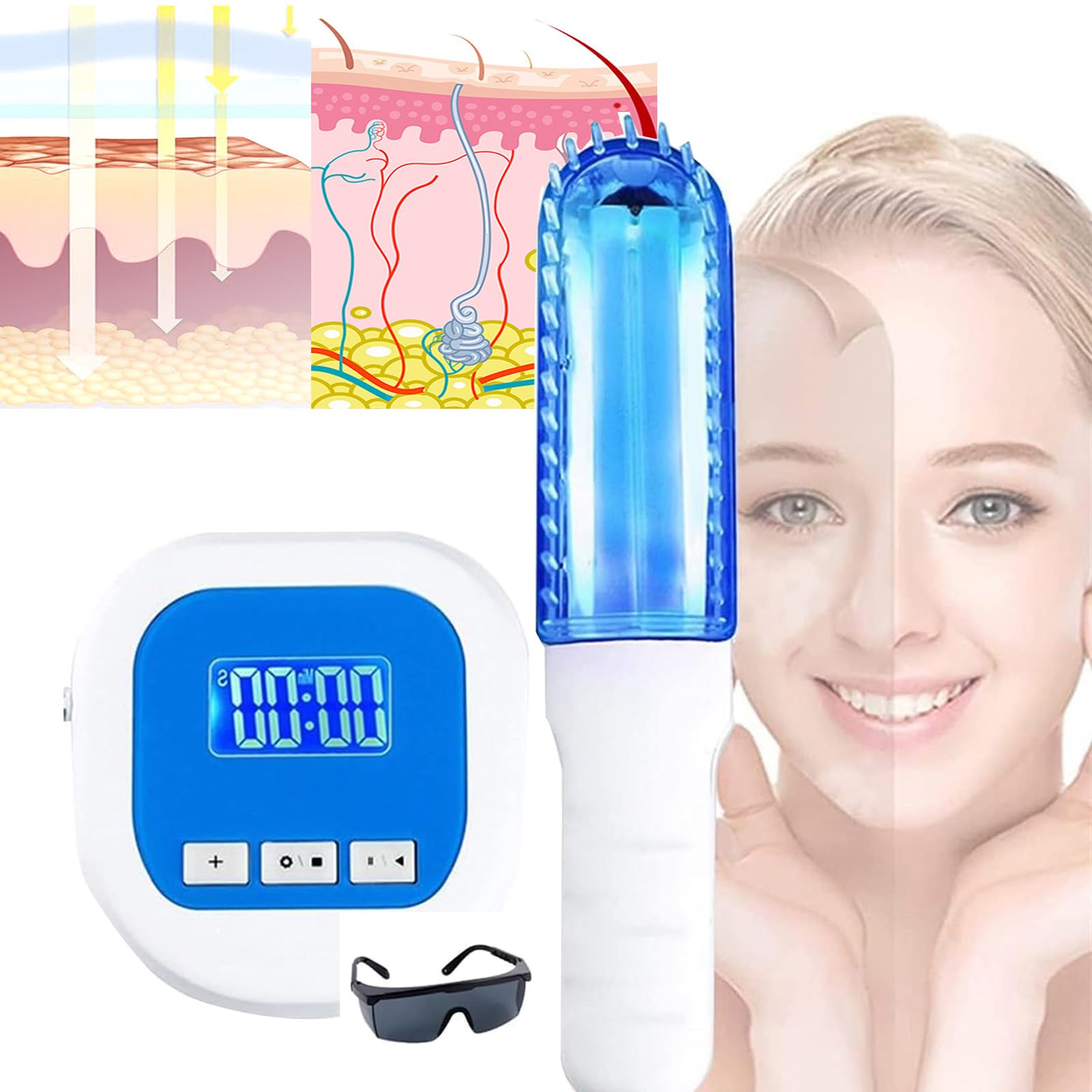 Narrowband Phototherapy Light(311nm),Irradiation Area: 48 C㎡, with LCD Digital Timer Control/Goggles, Phototherapy Comb Design(Fits Head), Handheld(Convenient),A