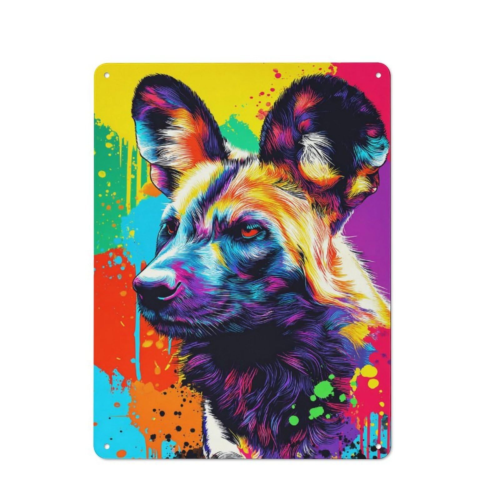 Junmoney Colorful Wild Dog Portrait -5 Clean Industrial Industrial Metal Sign 40X30cm, Studio Wall Art For Loft, Studio, Office Or Creative Room