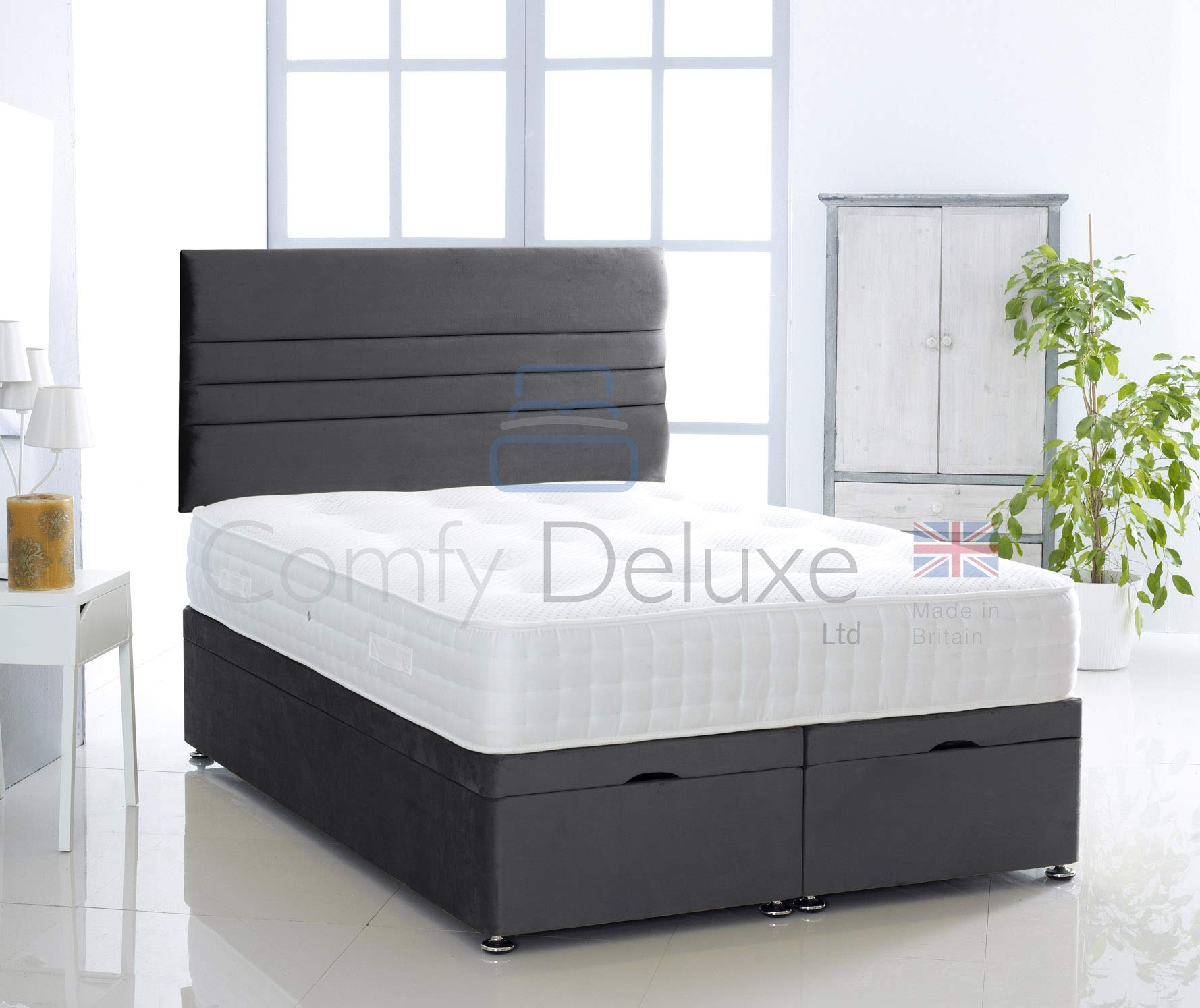 Ottoman Bed Side Lift Plush Velvet Base with Memory Orthopaedic Mattress and Verona HEADBOARD by Comfy Deluxe LTD (Black, 4FT Small Double)