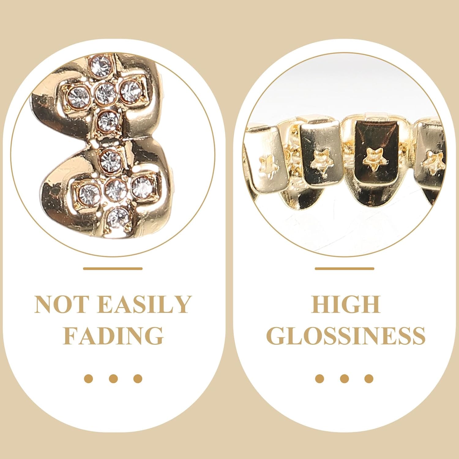 ULTECHNOVO Gold Tone Hip Hop Metal Teeth Grill Caps Set round Crystal Cross, Decorative Mouth Grill Jewelry for Rappers and Cosplay, Single Upper Teeth Accessory