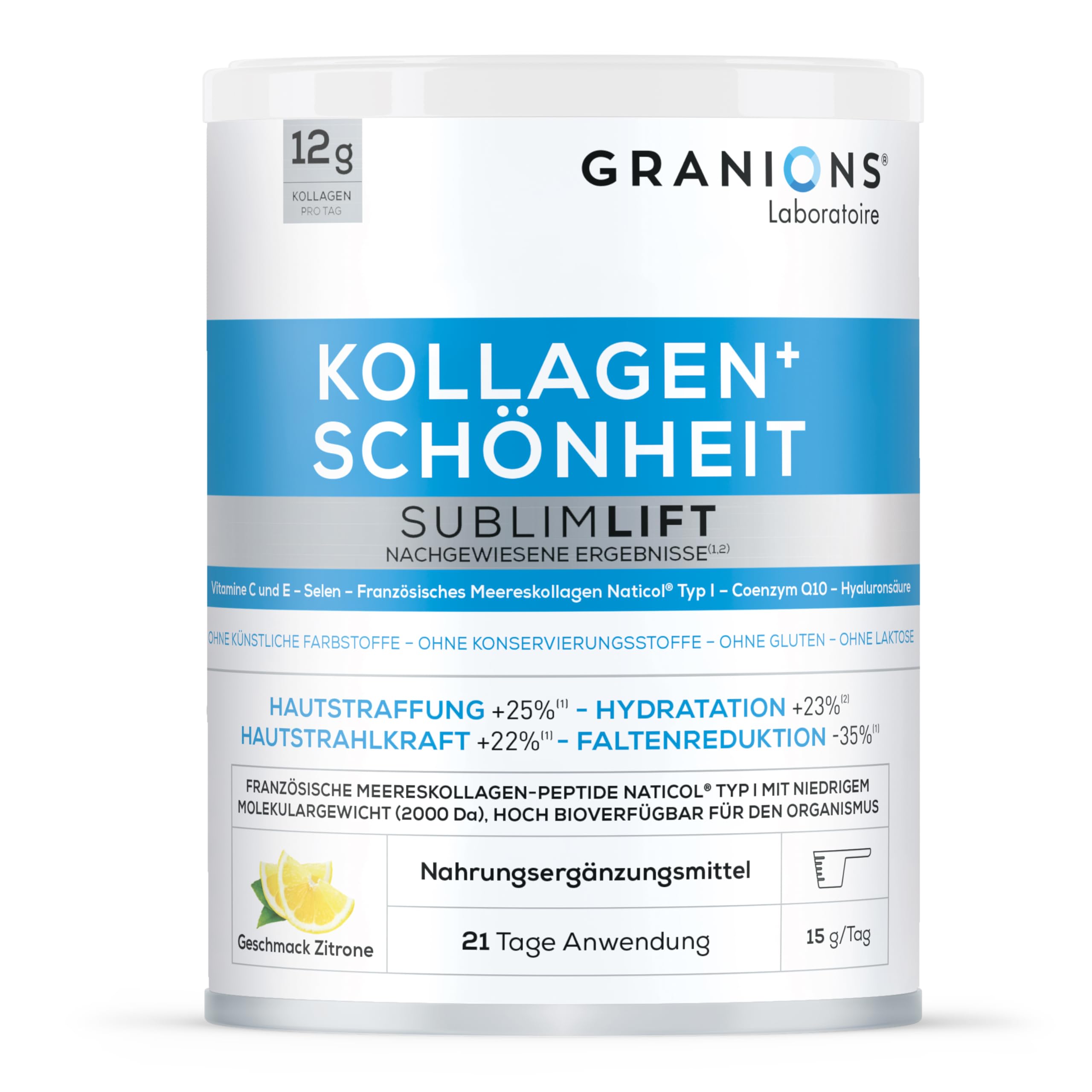 Kollagen Pulver Sublimlift - 12g Kollagen - Meereskollagen - Coenzym Q10 - Hyaluronsäure - Vitamin C, Vitamin E - Zitronengeschmack - Meereskollagen Pulver 315 G - Granions