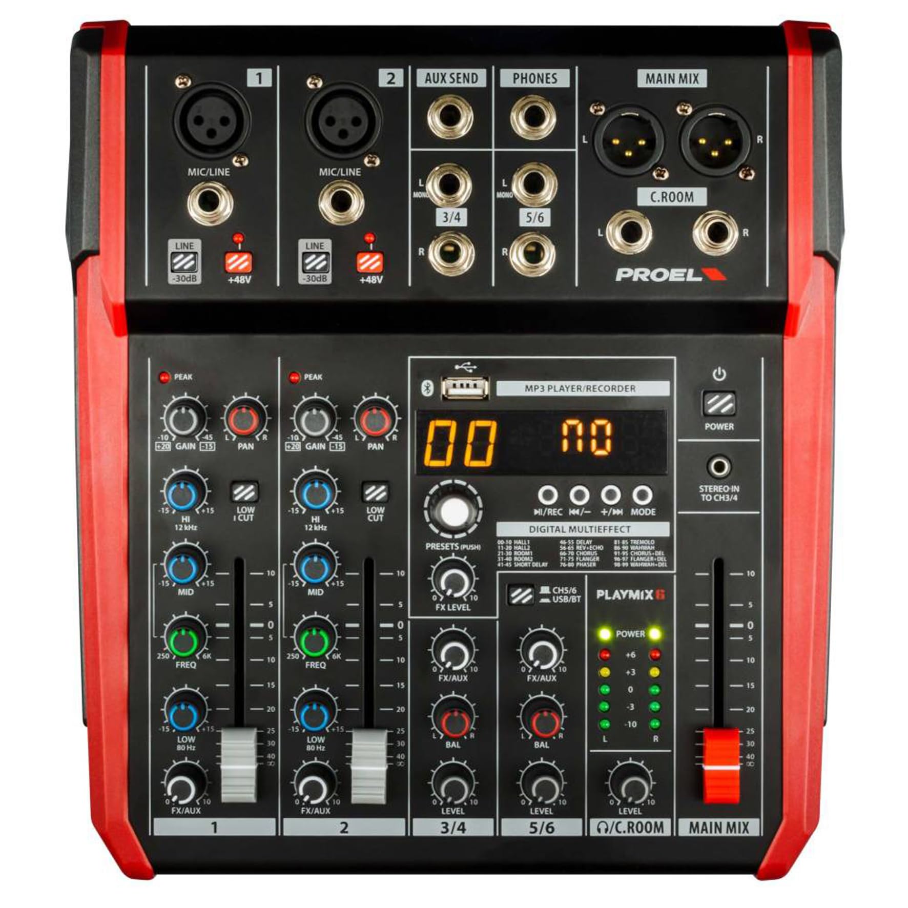 PROEL Proel PLAYMIX6 - Mixer audio a 6 ingressi con modulo bluetooth, lettore MP3 e Registrazione stereo su USB, Nero rifiniture in Rosso