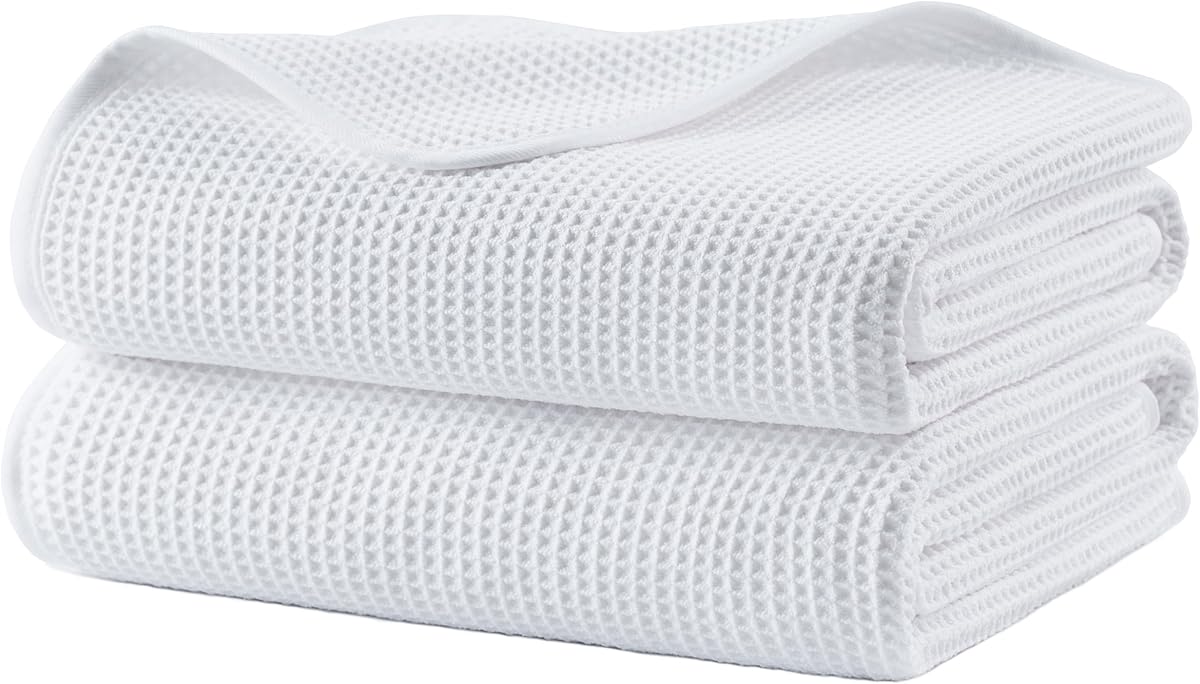 POLYTE 380 GSM Microfiber Oversize Quick Dry Lint Free Bath Towel, 60 x 30 in, Set of 2 (Waffle Weave)