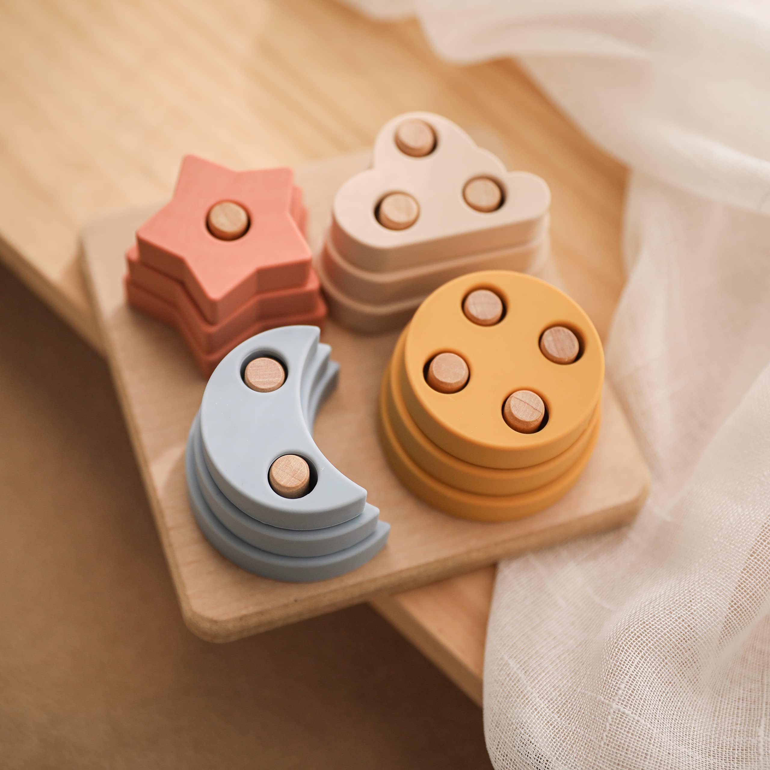 WOODEN TEETHERSilicone Stacking Sorting Toys for Baby and Toddlers Geometric Stacking Building Blocks Toys Montessori Early Educational Intelligence Block Puzzles for Infants