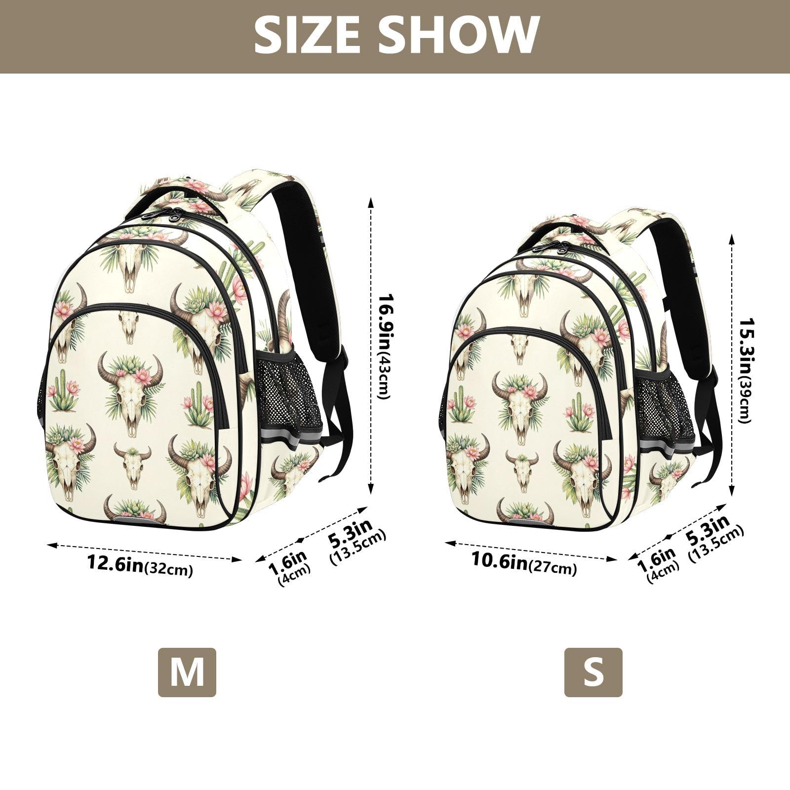 KLL Plecak outdoorowy dla nastolatek torba do szkoły dzieci plecaki podróżne boho byk czaszka kaktus wzór