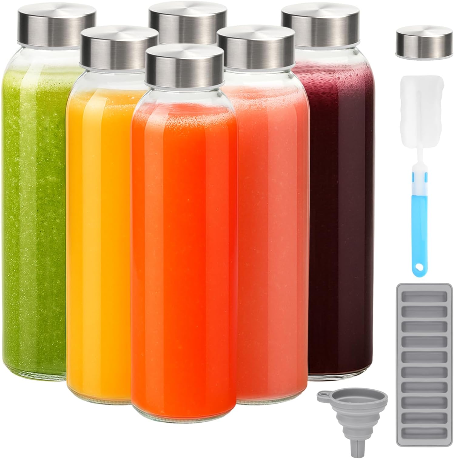 Zukro Glass Water Bottles with Lids 24 oz, 6 Pack Reusable Juice Bottles With Stainless Steel Airtight Cap for Juicing, Leak Proof Clear Drinking Jar Beverage storage container for Fridge, BPA Free