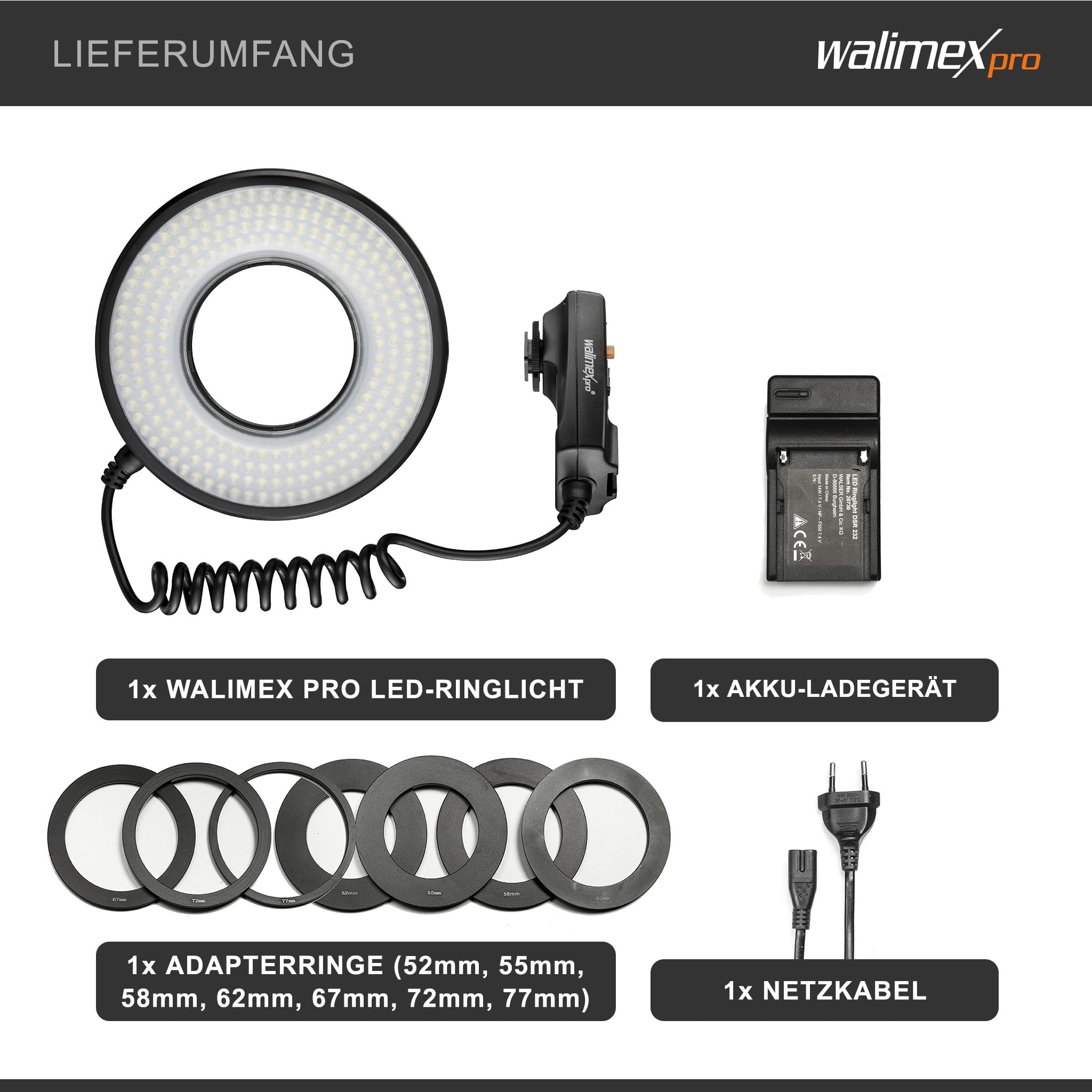 Walimex pro Macro LED Ringlicht DSR 232, Ringleuchte 14 W mit 232 LEDs, stufenlos dimmbares Videolicht
