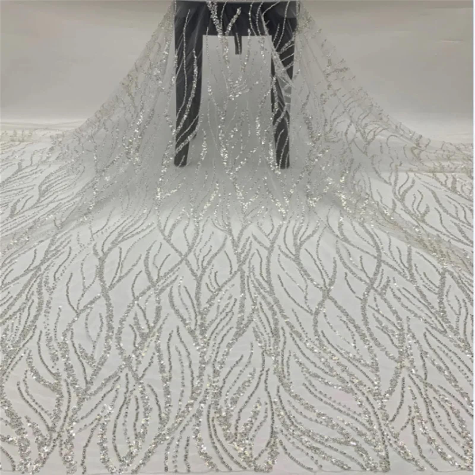 5 Yards Embroidered Tulle Lace Fabric | Tube Lace With Silver Beads 3cm Sequins Multicolor For Sewing(Light Blue)