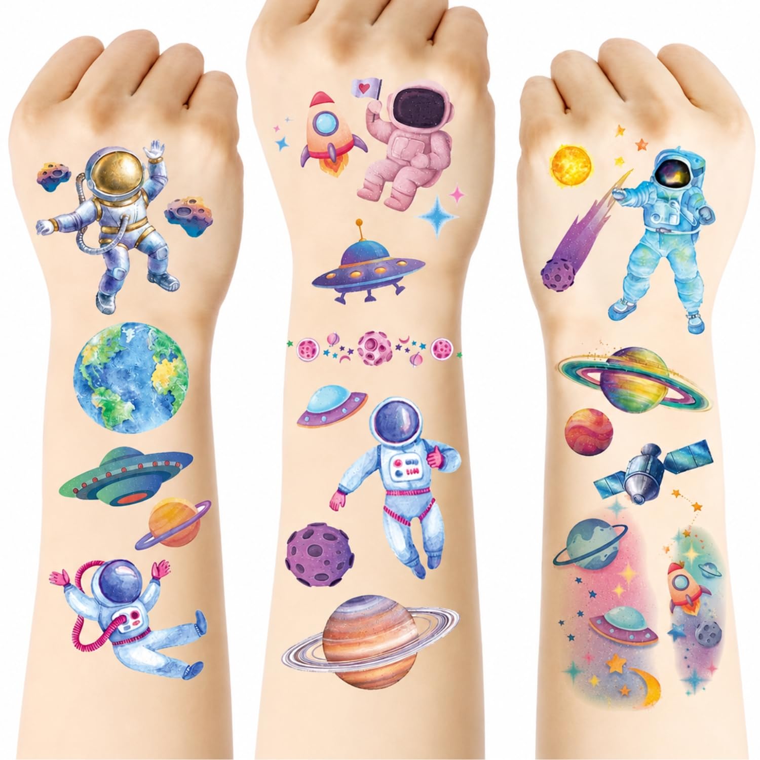 12 Sheets Space Astronaut Temporary Tattoo Sticker for Kids, Glitter Fake Tattoos Water Transfer Body Art | Waterproof | Easy Peel & Apply | Skin Safe | Portable | Party Favor-picture-11