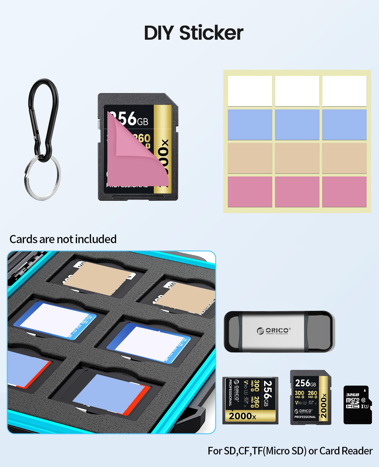 Etui ochronne na karty pamięci ORICO SD Memory Card Case na 12 kart SD i 12 kart TF, etui na karty pamięci, wodoszczelne i pyłoszczelne, z karabińczykiem i naklejką (PHCD-3)