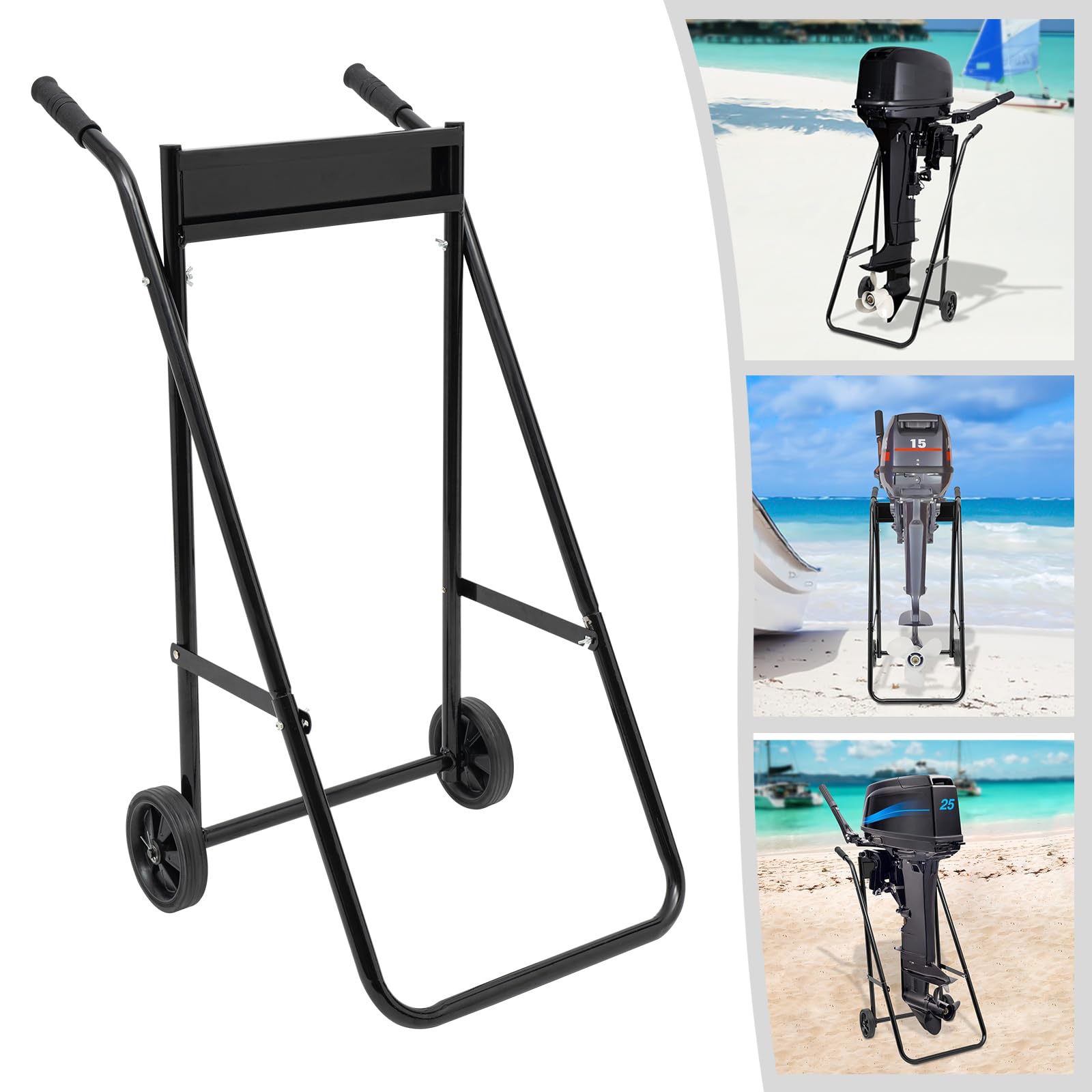 Carrello pieghevole per motore fuoribordo – 40 kg, supporto pieghevole con ruote in gomma e manico antiscivolo, motore per barca, in acciaio nero freddo, per stoccaggio e trasporto del motore