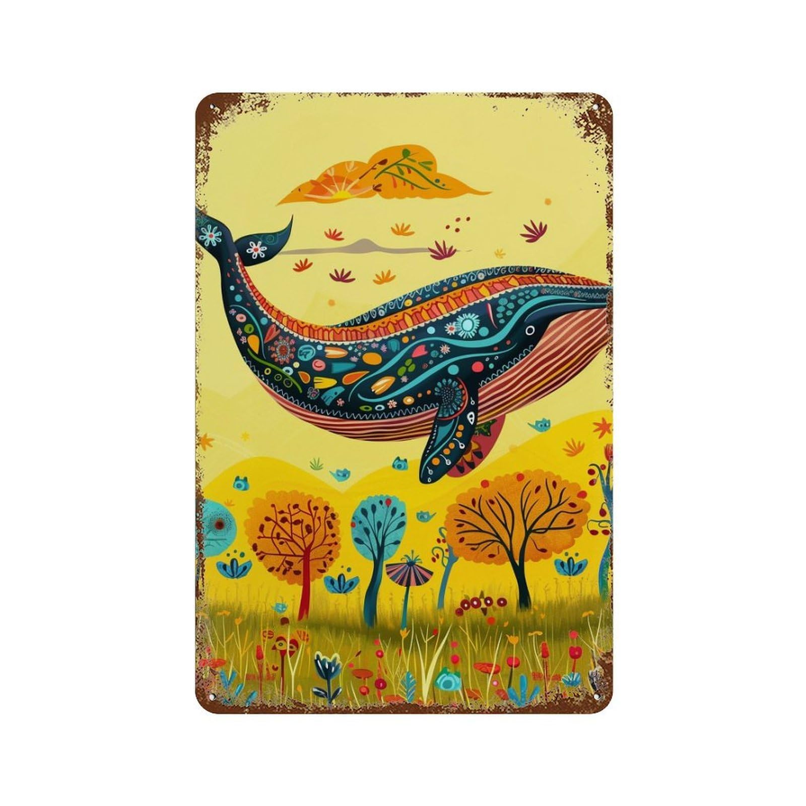 Decorative Tin Sign with Whale in Autumn Field Design 11.8"x7.9", for Farmhouse, Kitchen And Entryway Decor, Old School Wall Decor