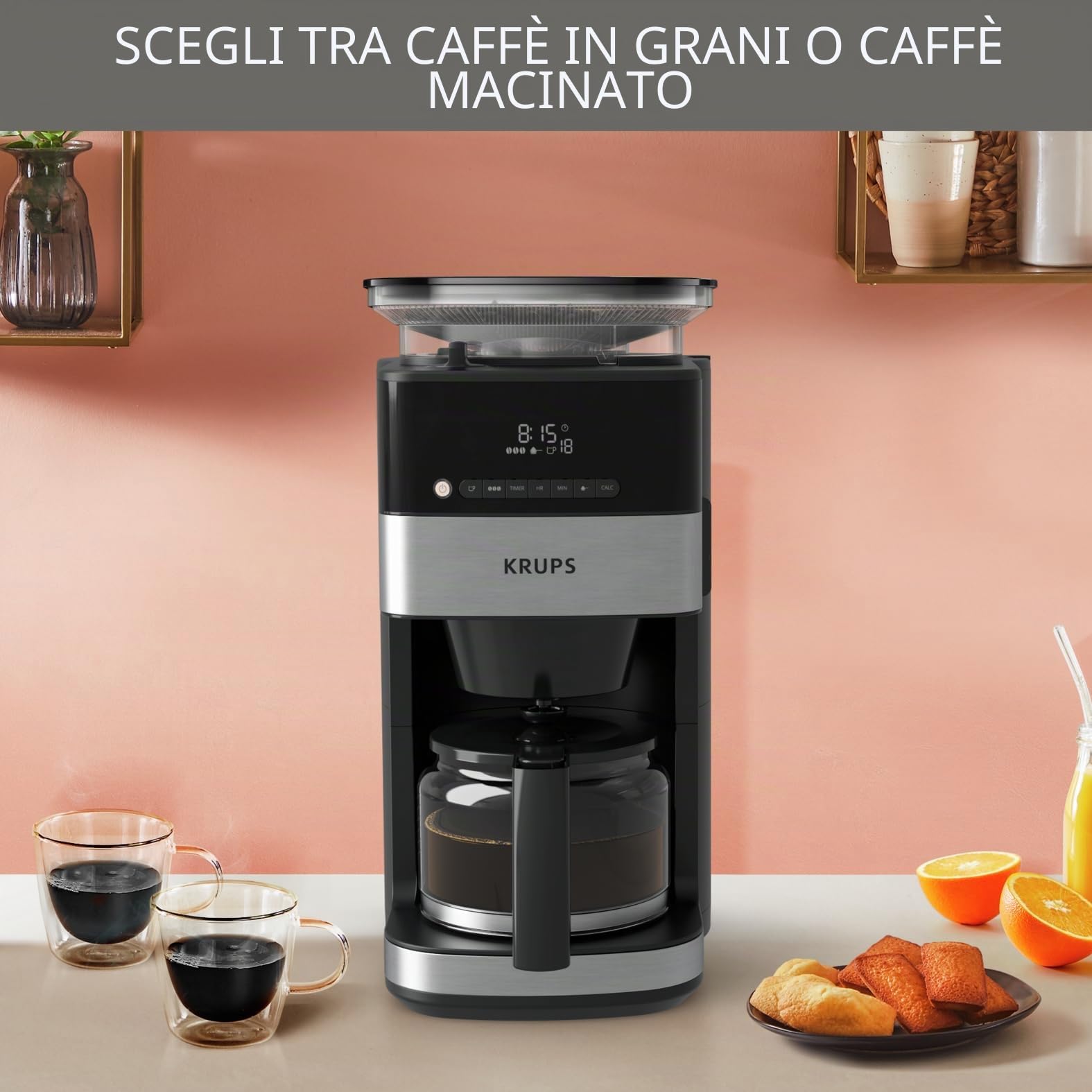 Krups KM8328 - Macchina da caffè con macina | Timer 24 ore | Contenitore per fagioli da 180 g | capacità 1,25 l per fino a 15 tazze di caffè | Funzione Auto-Off | 3 gradi | Nero