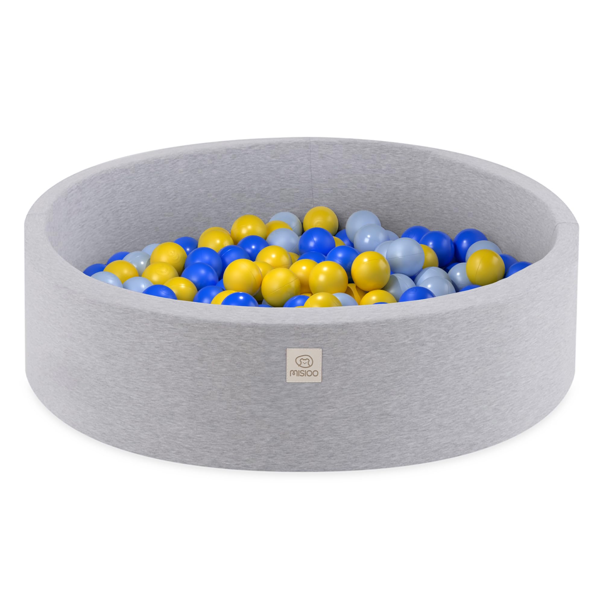 Misioo Smart Ball Pool for Children's Room – 200 Balls – Toy – Machine Washable, Oeko-Tex Certified – 90 x 30 cm, Light Grey – Blue/Yellow/Light Blue