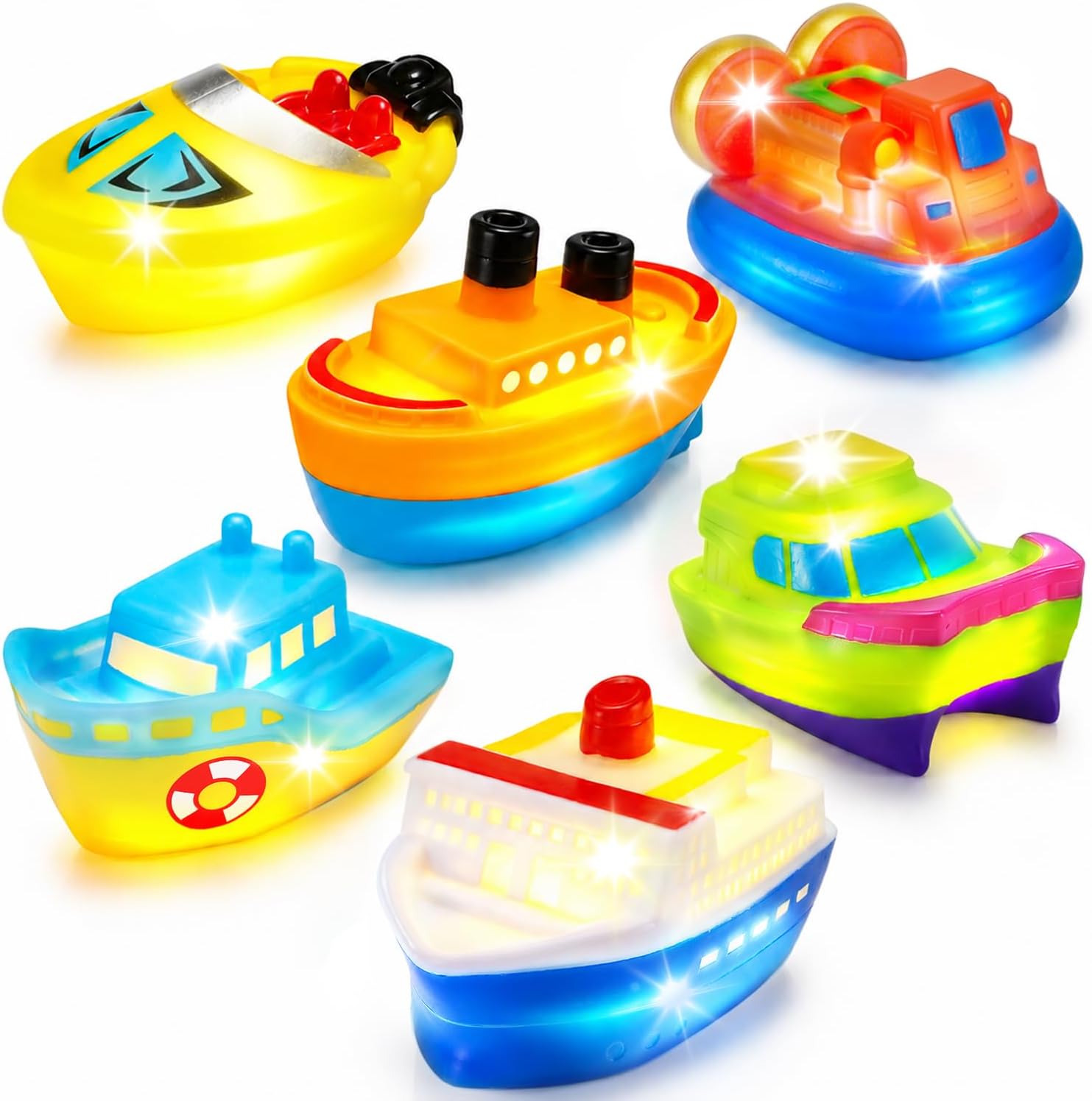 Bath Toys, 6 Packs Light up Boat Floating Rubber Set, Flashing Color Changing Light in Water, Tub Gift for Baby Infant Toddler Child Kid, Bathtub Ship Toy for Bathroom Shower Game Swimming Pool Party