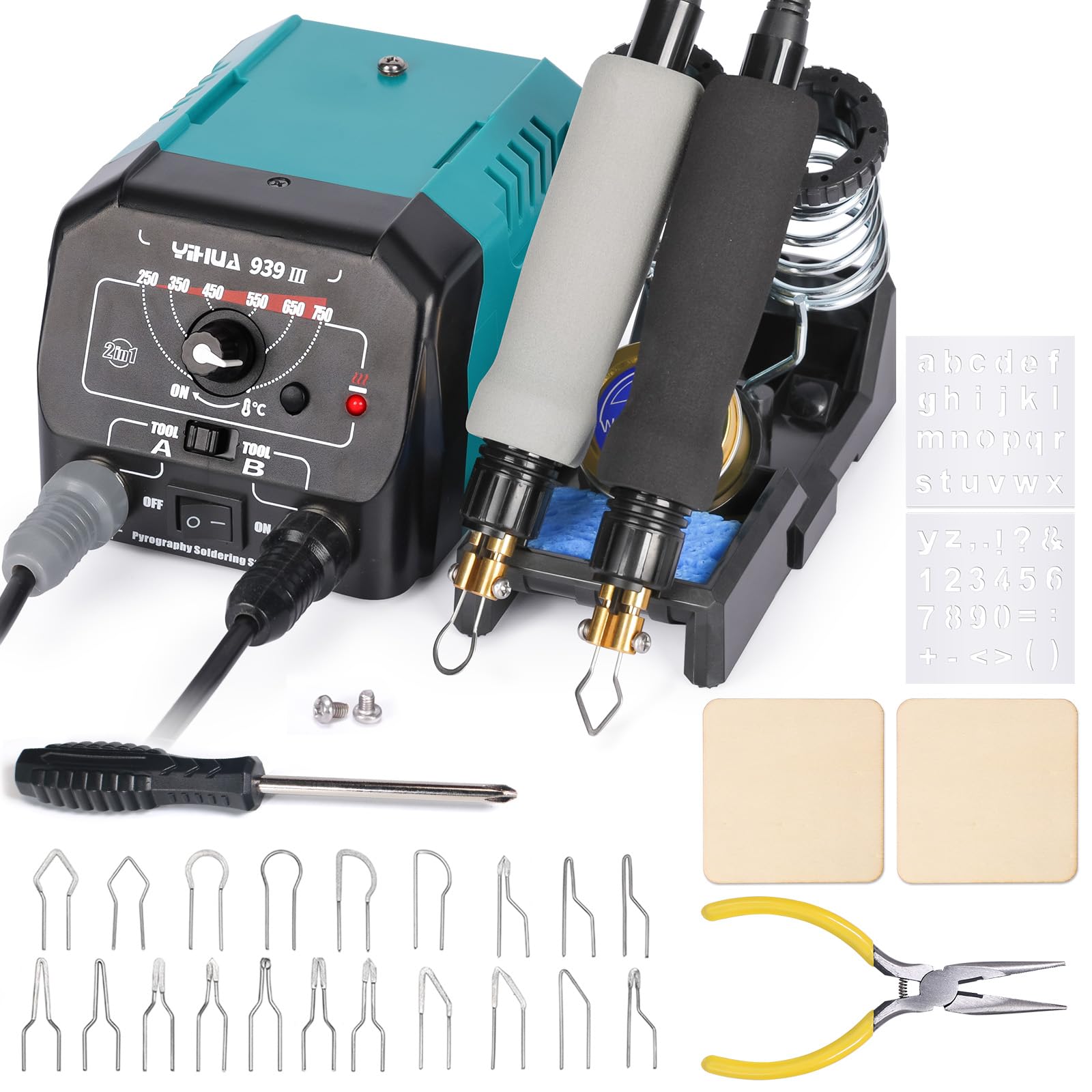YIHUA 939 III Dual Pen Pyrography Station 2-in-1 Wood-Burning Tool with Two Wood-Burning pens 250-750°C Temperature Adjustable 20 Detailer nibs and 7 Essential Accessories and Tools Included