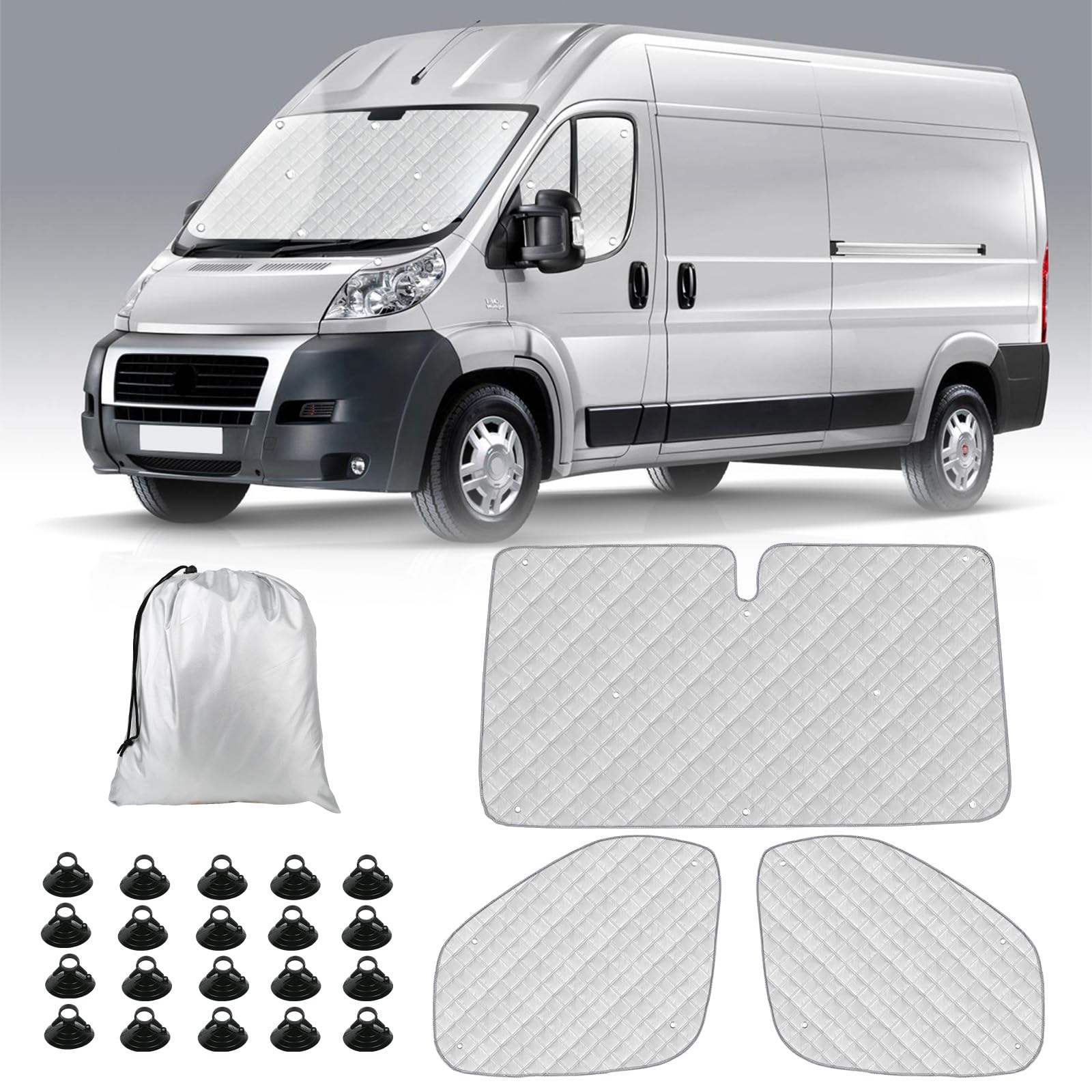 Parasol para parabrisas de coche compatible con Fiat Ducato, Peugeot, Boxer Citroën Jumper 2006-2026, 3 unidades de protección solar para parabrisas con bolsa de almacenamiento, 100% oclusión